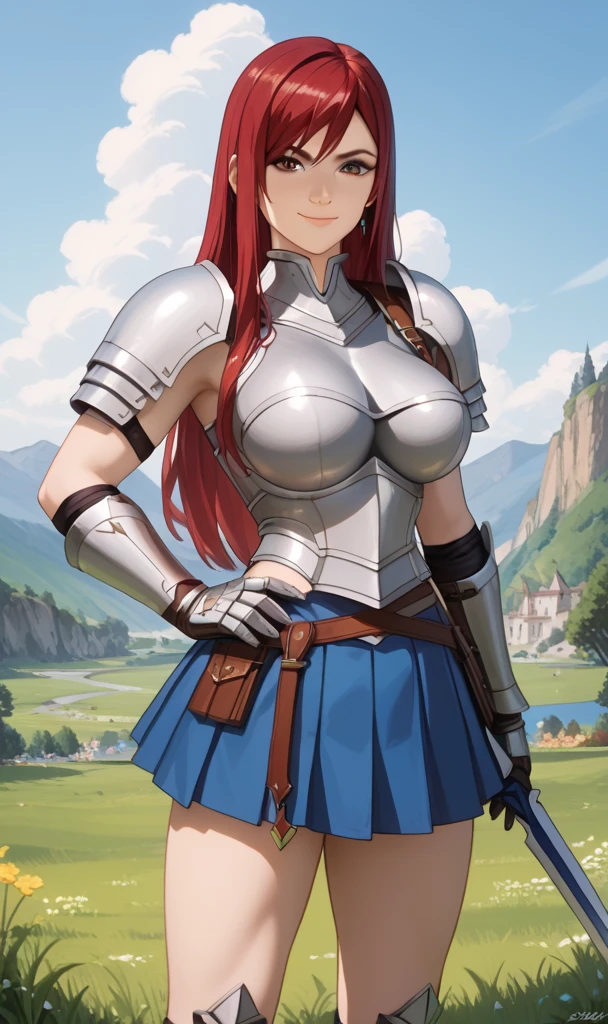 score_9, score_8_up, score_7_up, score_6_up, score_anime, masterpiece, best quality, ultra-detailed, highres, best anatomy, accurate anatomy, (large breasts), 1girl, solo female, erza scarlet, long hair, red hair, skirt, thighhighs, cleavage, boots, belt, sword, cape, armor, gauntlets, armored boots, armpit, front view, looking at viewer