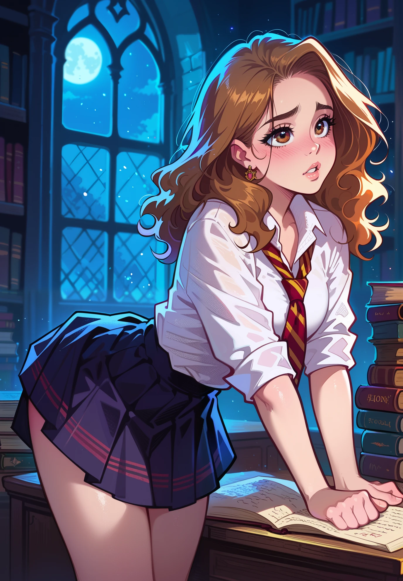 Made by melkor mancin, 1girl, solo, Hermione Granger, Harry Potter, shy, hogwarts school uniform, parted lips, blush, skirt, bent over a desk, sexy pose, alluring , from behind, BREAK, magical study filled with bookshelves, (night time:1.2), cinematic lighting, nsfw,