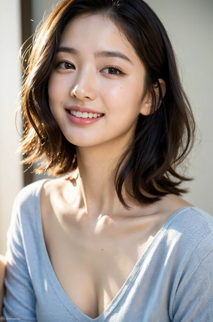 masterpiece,best quality,(Japanese ),((Beautiful girl)),cleavage,indoor,(perfect body beauty:1.2),(shy smile),beautiful teeth,