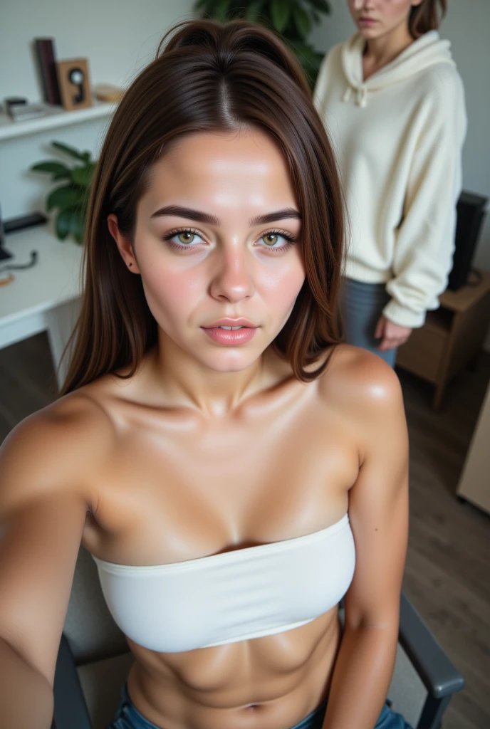 Fille latine hyper réaliste de 23 ans with des taches de rousseur, selfie d'humeur pour instagram, Ultra Definition, (photoreallistic: 1.4), 8k, First quality, detailed background, delicate face, maquillage naturel, Photo brute, iPhone, Hdr, flirter avec le spectateur, dans un studio, with clothes
