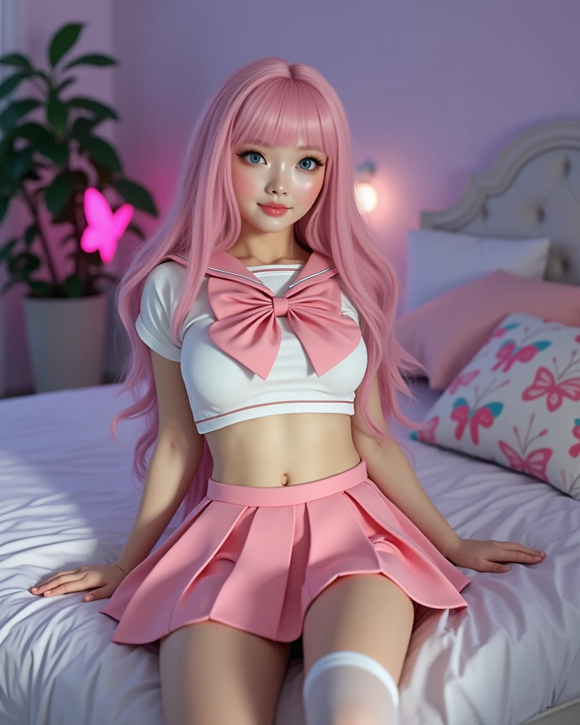 beautiful illustration、top-quality、Cute little girl s、bedroom、A pink-haired、length hair、(((Pink pleated skirt)))、(((pink sailor suit)))、shortsleeves、huge tit、a navel、Flipping up the skirt with your hands、Show white panties、Pull up your skirt and show your panties、bare-legged、blue eyess、on the beds、lovely thighs、glowing thigh