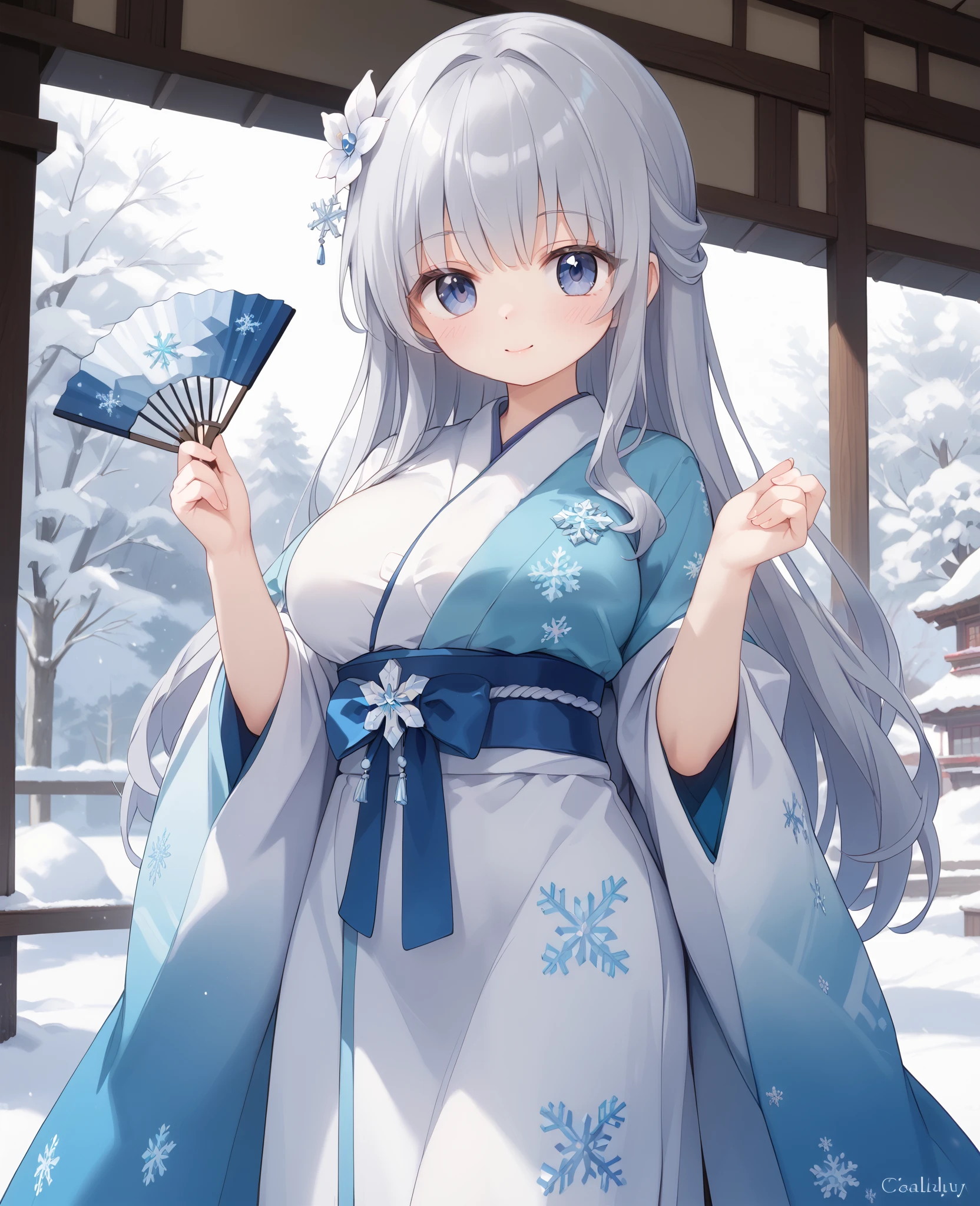 white retro modern kimono、 Snowflake decoration on kimono、long straight hair with gray hair、 hair down、white flower and snowflake hair ornament、Sister、Soft and fluffy、Gentle、cute、Big Breasts、holding a closed fan in hand、with snow falling on the background、Sturdy dress length