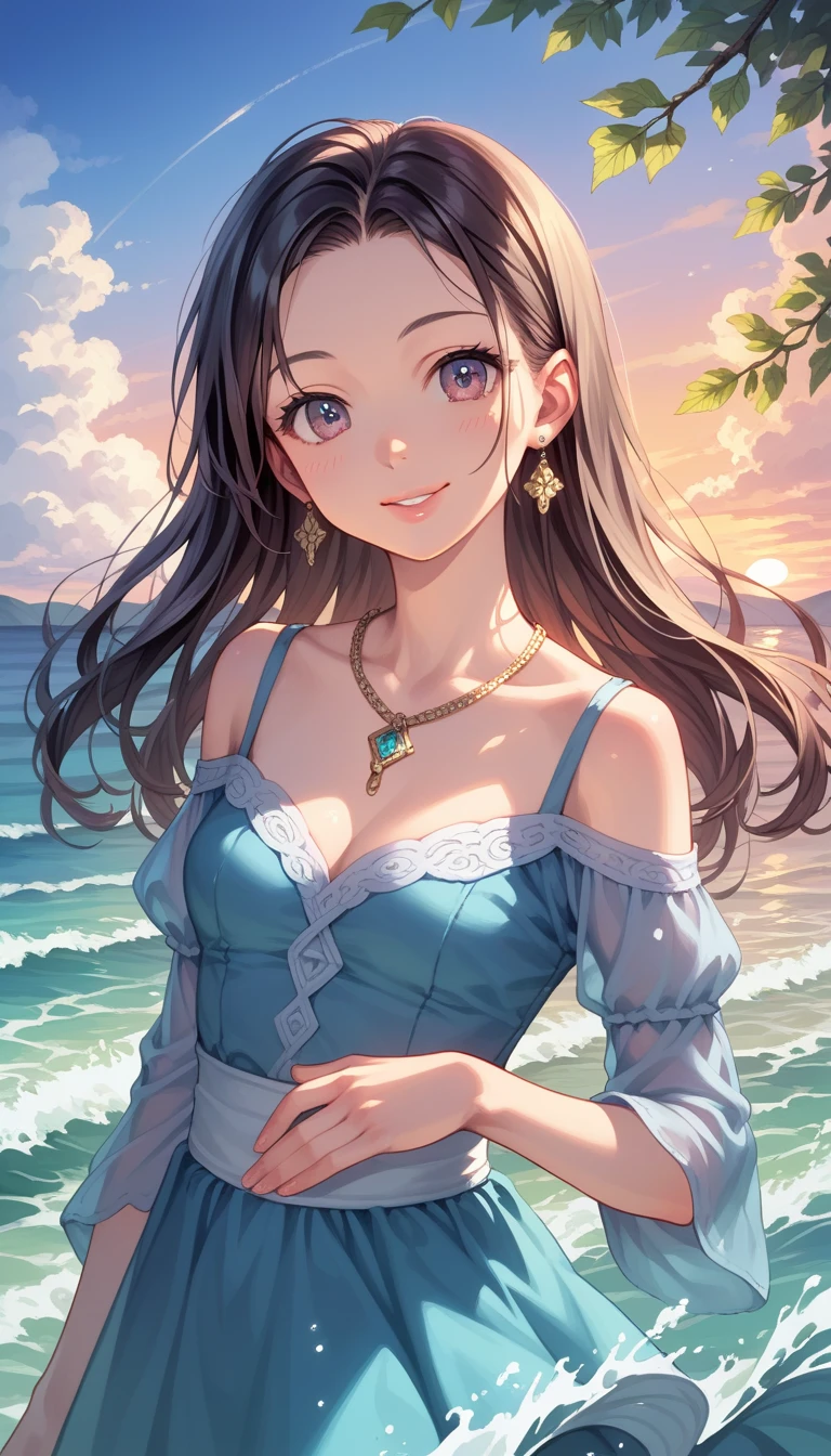 Woman in Greece portrait anime green eyes Nikon camera sunset hour realistic photography Beach House at Greek island animation realistic brown hair (magazine:1.37), (cover-style:1.3), Octane Render,