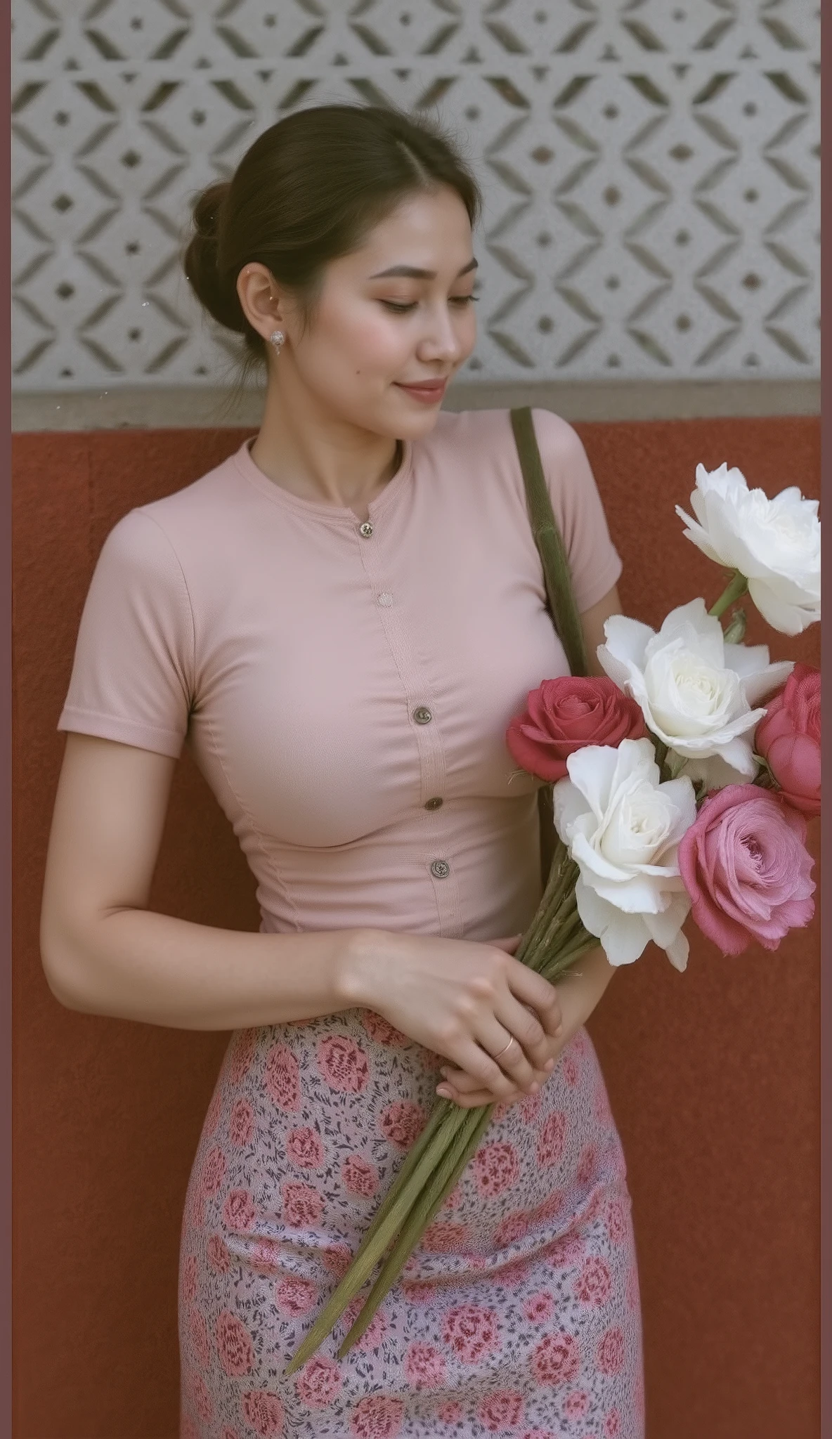 A photorealistic portrait of a stunning 49 years old gorgeous MILF with hourglass body, standing gracefully in a lush garden pathway during daytime. She radiates elegance and confidence, her serene expression complemented by a downward gaze and soft smile. Sunlight highlights her flawless complexion, sculpted facial features, mature face, detailed matured face texture, gorgeous face, and neatly styled updo.((oval shape face))
She wears a form-fitting traditional outfit, including a crisp white blouse that contours her upper body and a deep green, tight-fitting longyi that accentuates her slim waist and curved hips. Delicate fastenings add cultural elegance.
In her right hand, she holds a woven rattan basket with a bouquet of red and pink roses, contrasting beautifully with the soft petals. Her well-manicured fingers rest on her waist, enhancing her poised posture.
The breathtaking garden features lush greenery, blooming flowers, and dappled sunlight. A traditional house with a tiled roof appears in the softly blurred background, adding depth.
The remarkable photorealistic detail captures fine fabric textures, the basket’s weave, and the sunlight’s natural glow on her radiant skin, creating a vivid and lifelike image,
Big breasts, round breasts, stunning breasts shape, small waists, wide cheast, wide hips, round ass, perfect body, perfect face texture, belly fat, fat body, curvy body, tight top, wearing tight top, round ass, big butt, big forming breasts, (transparent thin cotton dress, tidy dress texture, tight top), ( big breast size, roundly breasts, forming-breasts),tidy top, big- forming breasts, detailed thin cotton dress texture, realistic totton dress, perfect pose and perfect body
(j3551c4flux: 0.7), high detailed beautiful milf face textutr, preety milf,real cotton dress texture, real cotton dress patterns, fat-belly, belly-fat,(curvy body: 1.2),((hyper detailed dress-skin texture)), big cleavage, brautiful cleavage,looking camera, ((big body built)