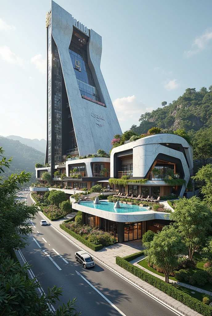 Generate a futuristic big hotel building, glossy architecture - SeaArt AI