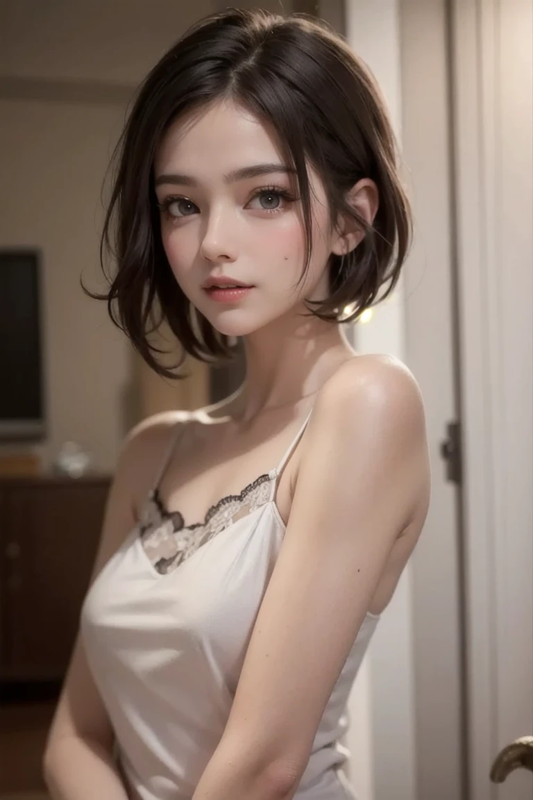 masterpiece, 1 beautiful girl, detailed eyes, puffy eyes, best quality, ultra high definition, (reality: 1.4), cinematic lighting, Japan, asian beauty, korean, super beautiful, beautiful skin, slender, body facing front, (ultra-realistic), (high resolution), (8K), (very detailed), (best illustration), (beautiful and detailed eyes), (super detailed), (wallpaper), detailed face, Bright lighting, professional lighting, looking at the viewer, looking straight ahead, neat clothes, short hair, black hair, pureerosfaceace_v1, 46 points diagonal bangs, hotel room with morning sun in the background, clear sea outside the window,