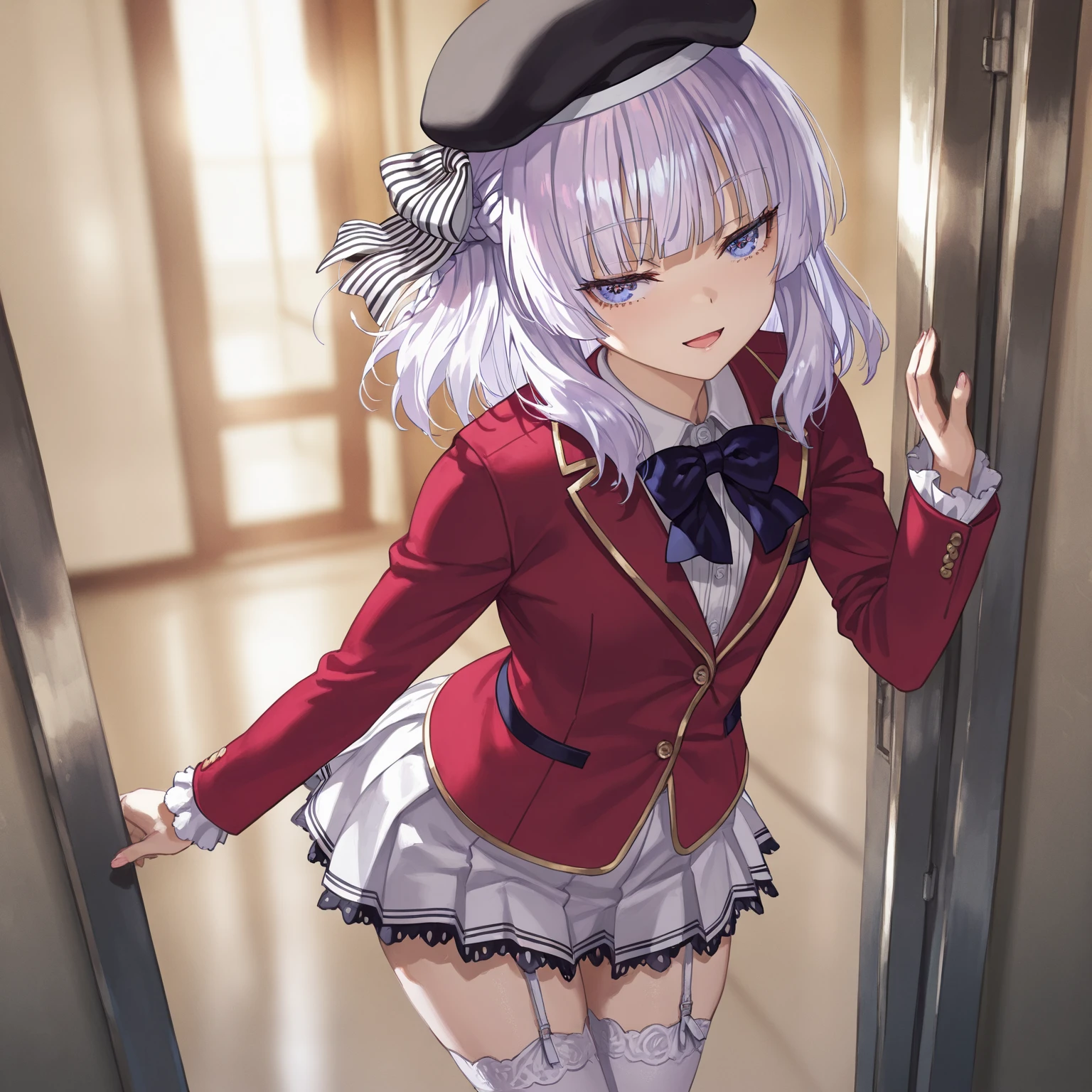 masterpiece、Highest image quality、highest quality、Arisu Sakayanagi (Welcome to the meritocracy classroom, open crotch, white garter belt, jittery eyes, sullen face, red jacket, peeing, silver hair, mid-short hair, high school girl, jittery eyes, blue eyes, red jacket, white pleated skirt, blue tie with ribbon, black beret,) sitting,hand in white panties, white garter belt, white rhino high socks, masturbating, expressionless.