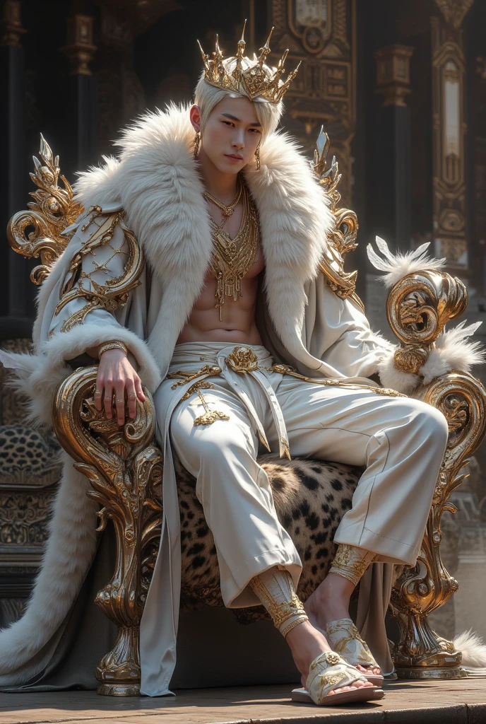 A majestic monkey king sitting on an opulent emperor's throne. The monkey is adorned with royal garments and a golden crown, exuding an aura of nobility and power. The throne is intricately designed with precious stones and gold, reflecting the grandeur of an ancient empire. Surrounding the throne are lush, exotic plants and rich tapestries, enhancing the regality of the scene. The background features a grand palace hall with high ceilings and ornate decorations. The lighting is dramatic, casting a royal glow on the monkey king and his throne."