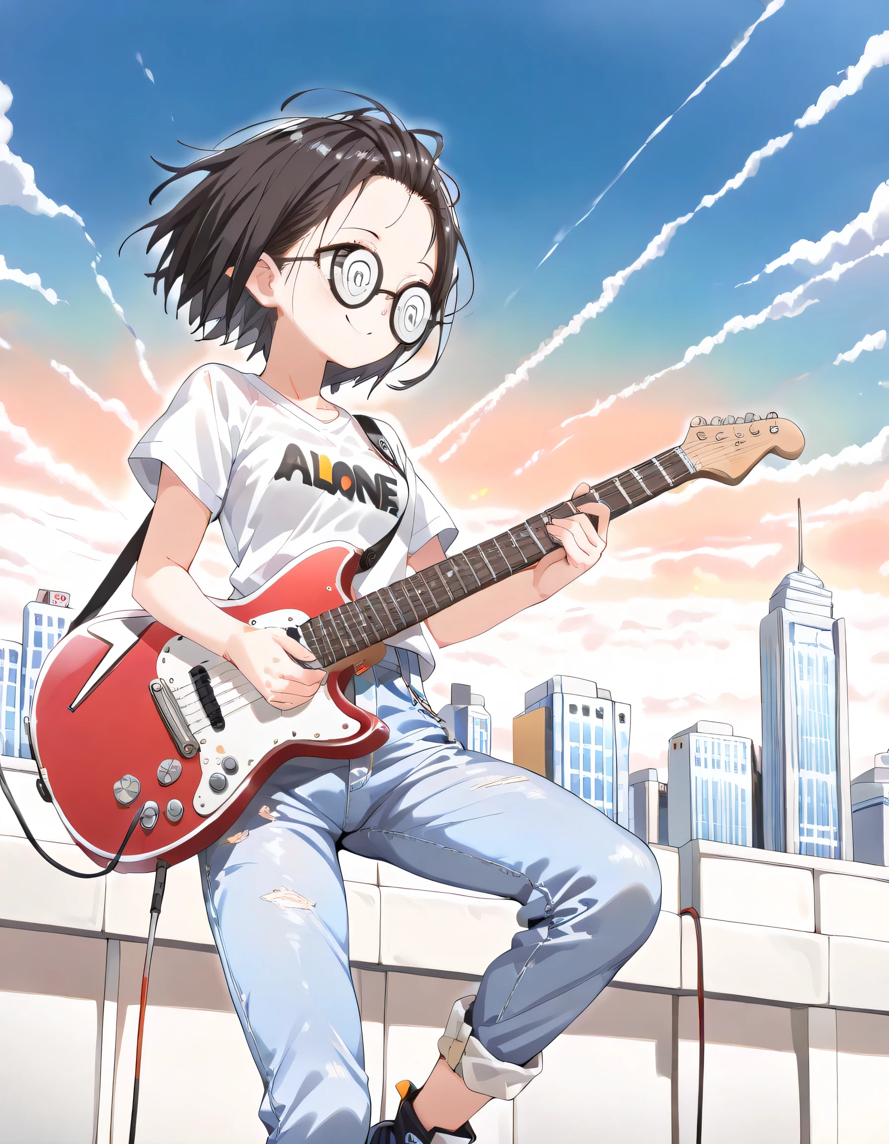(dynamic angle,dynamic pose),(sideview++),(looking away:1.3)+,pride,Alone,14years old,black short hair,forehead,spiral glasses,looking away:1.3,smile,natural cosmetic,sexy slim,feminine,flat breasts,wild sexy t-shirt,denim pants, Electric Guitar,absolute area:1.3,lineart+,Evening sky,skyscraper rooftop background, manga style,illustration,memorial shot,nostalsic scene
