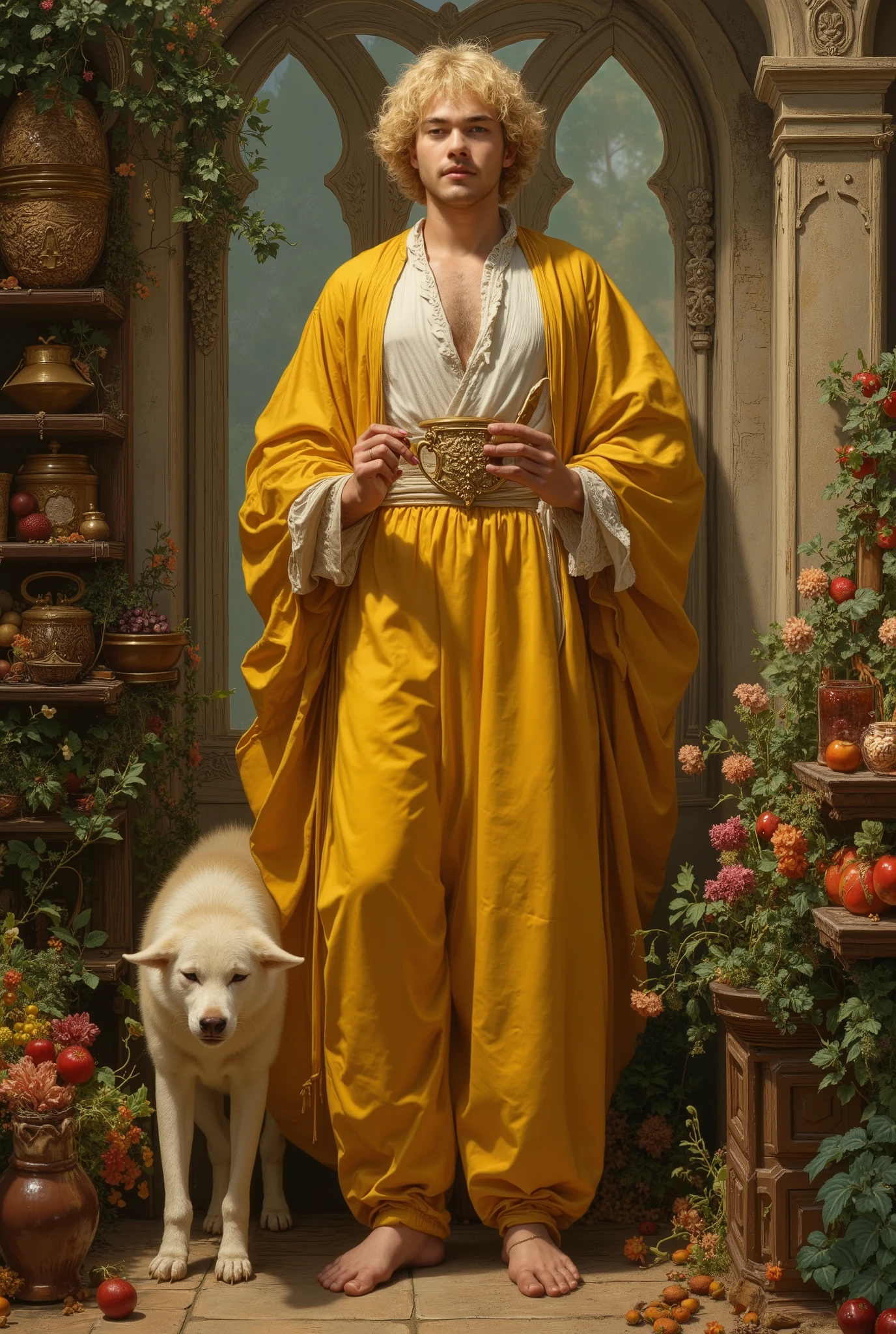 rompts Copy ((fullbody))in jc leyendecker and paul cadmus art style, "the healer", fullbody, close up big blonde wolf, perfect , the merchant, shelves with HERBS, FRUITS, LITTLE BOXES, VEGETABLES, GRAINS, DUMBBELLS , reach intricate background LARGE WINDOWS TO SEE THE GARDEN, realism close up portrait, oil painting, masterpiece, shadows, expert, insanely detailed, 4k resolution, caravaggio, john william waterhouse, By Caravaggio colours, chiaroscuro, mtg, dnd, fantasy, Watercolor, trending on artstation, sharp focus, studio photo, intricate details, highly detailed, by greg rutkowski. Young wizard man, Handsome,  in a rich yellow outfit, tunic style that leaves your abdomen exposed. Bright Cherry black gurly hair