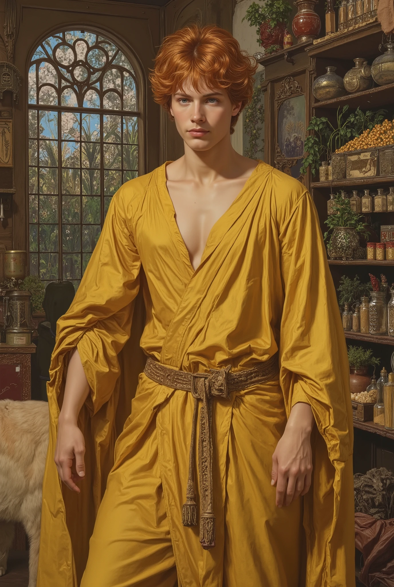 rompts Copy ((fullbody))in jc leyendecker and paul cadmus art style, "the healer", fullbody, close up big blonde wolf, perfect anatomy, the merchant, shelves with HERBS, FRUITS, LITTLE BOXES, VEGETABLES, GRAINS, DUMBBELLS , reach intricate background LARGE WINDOWS TO SEE THE GARDEN, realism close up portrait, oil painting, masterpiece, shadows, expert, insanely detailed, 4k resolution, caravaggio, john william waterhouse, By Caravaggio colours, chiaroscuro, mtg, dnd, fantasy, Watercolor, trending on artstation, sharp focus, studio photo, intricate details, highly detailed, by greg rutkowski. Young wizard man, Handsome, sexy in a rich yellow outfit, tunic style that leaves your abdomen exposed. Bright short Cherry Red gurly hair