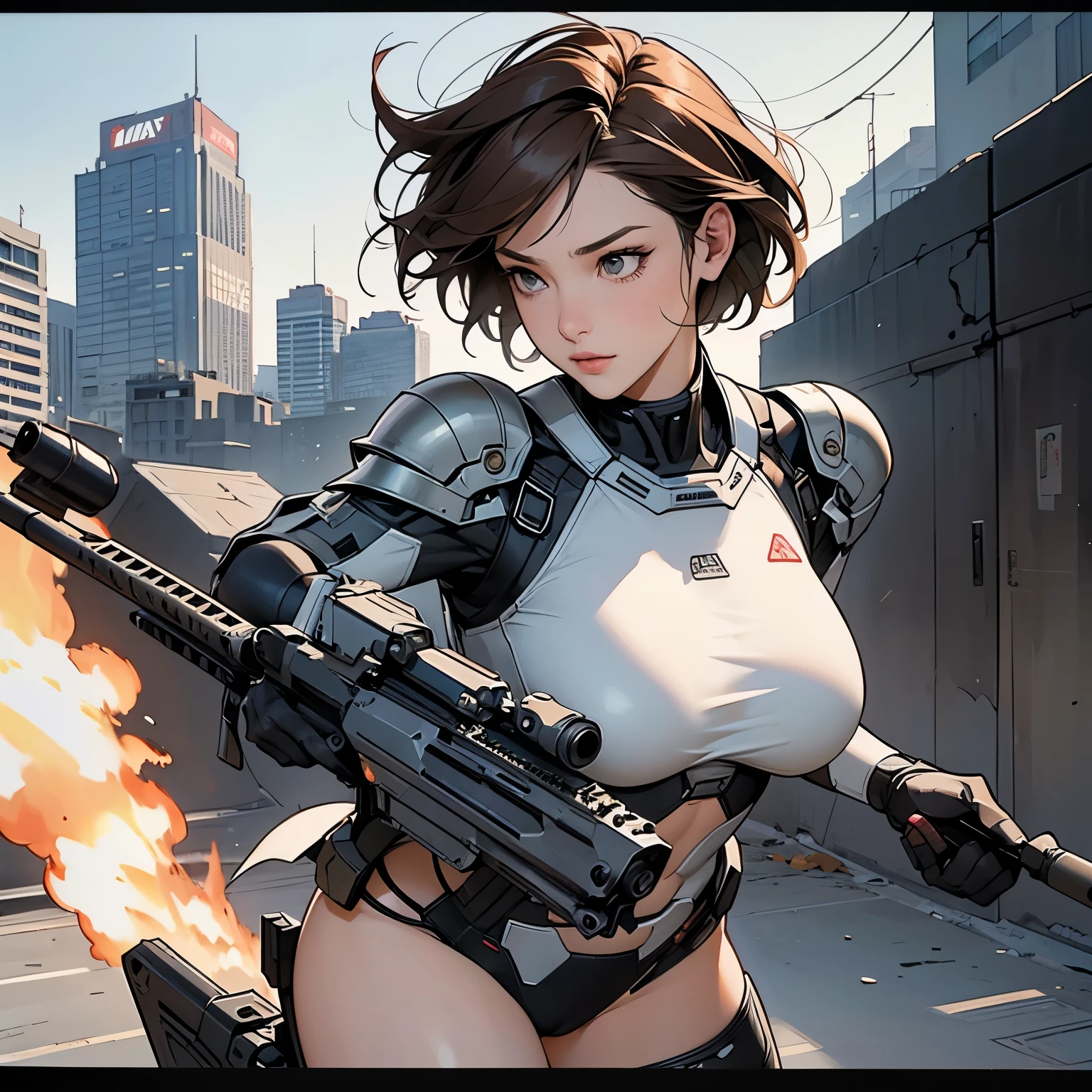 nsfw, anime screencap, 16K, perfect anatomy proportion body, perfect hands, action, A dynamic composition with a sense of speed and movement, (Hold an assault rifle:1.6), a wife, 40age, perfect beautiful delicate sexy face, perfect beautiful delicate eyes, brown hair, short bob hair, gigantic tits, abs, A finely crafted, heavy armored powered suit., Many robot soldiers having a gunfight in the background, Flying bullets, Battleground of an ancient city, war, Post-apocalyptic,