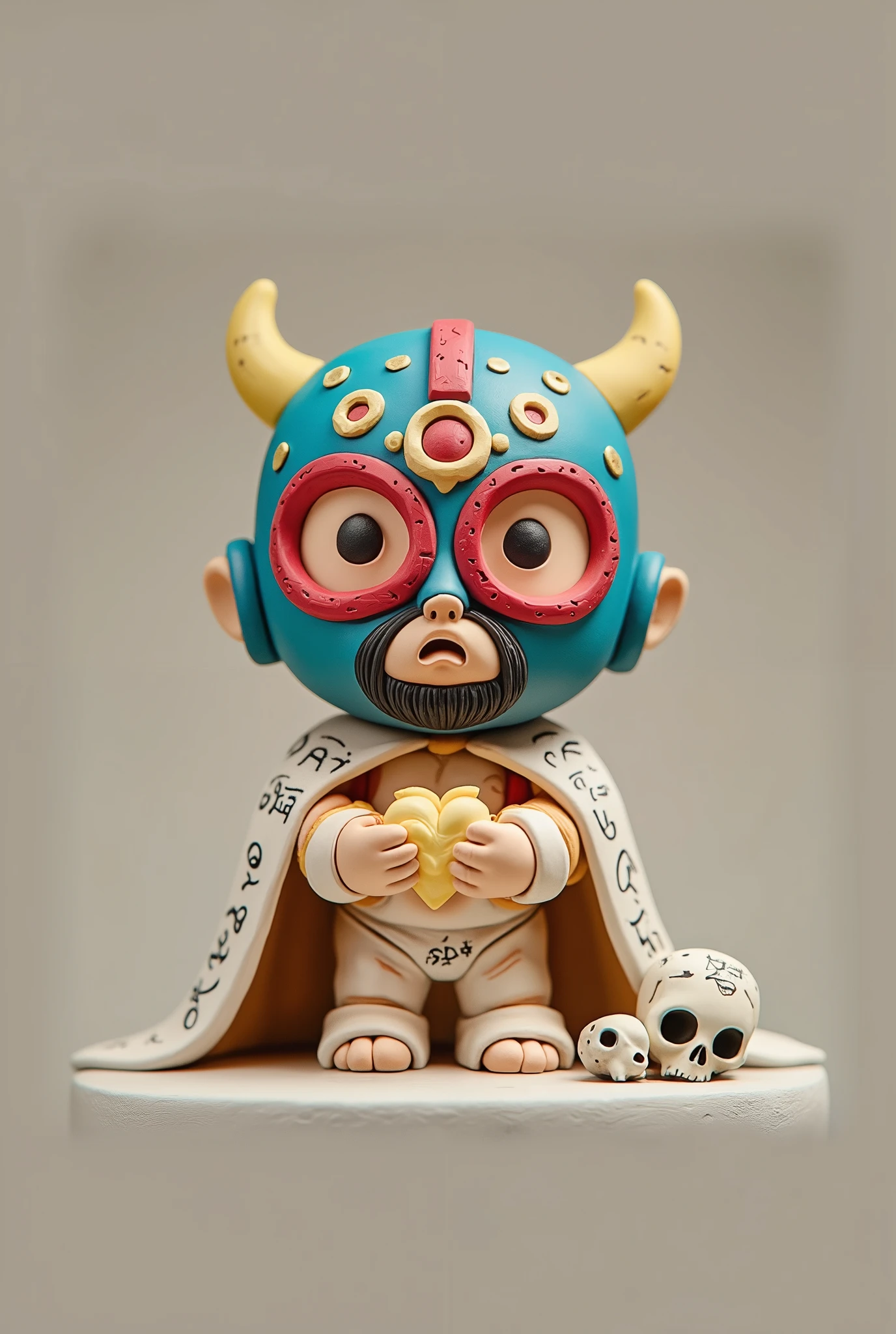 (best quality, cute, well detailed, synthetic and rounded forms a vinyl art toy cute and tender of a masked male wrestler Blue Demon on a catholic saint's body , decorated with skulls, Colors of the mask black and silver, Details Aztec reliefs holding a flaming heart on right hand, neutral background