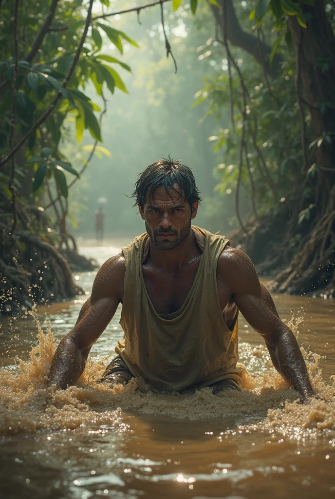 A man submerged in quicksand, in the middle of a humid jungle, With the mud up to the waist
