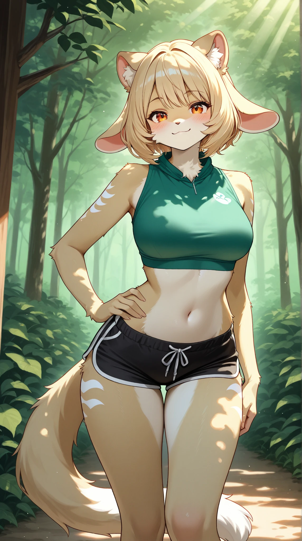 (hi res), ((masterpiece)) , ((best quality)), illustration, furry female, cheetah, felid, feline, mammal, anthro, athletic, blonde hair, clothing, female, fur,  hair, solo, spots, spotted body, spotted fur, sports bra, topwear, smile, sweat, sweatdrop,  tail, grass, sunlight, solo, standing, upper body, hand on hip,