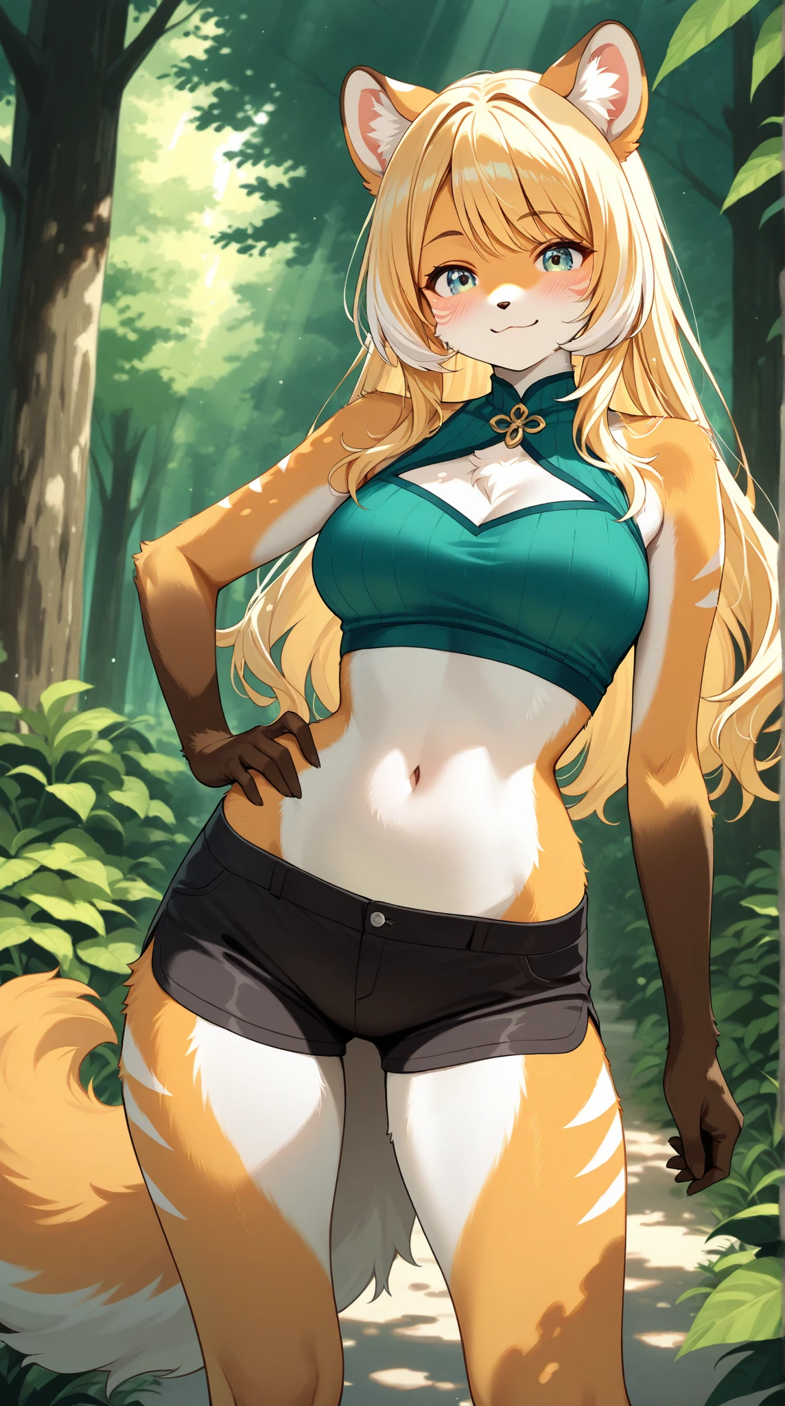 Wolf Boy,Wolf-eared boy,bow箭手少年,Tail,狼Tail,金色Tail,Hunter Junior,furry,furry,hairy,Blonde hair all over,Golden fur,Golden fur,绿色bow箭手服装,Long hair,blond,hunter costume,hunter costume,furry,白色丝绸Knee socks,Knee socks,蕾丝花边Knee socks,Lace style decoration,shorts,蕾丝花边shorts,运动shorts,皮革shorts,Big Ass,Pseudo-sissy ass,femboy,绿色hunter costume,Forest Background,Jungle Background,Outdoor Background,bow,手持bow,Archery pose,Archery pose,手持bow,bow箭,flat chest,Chest wrap