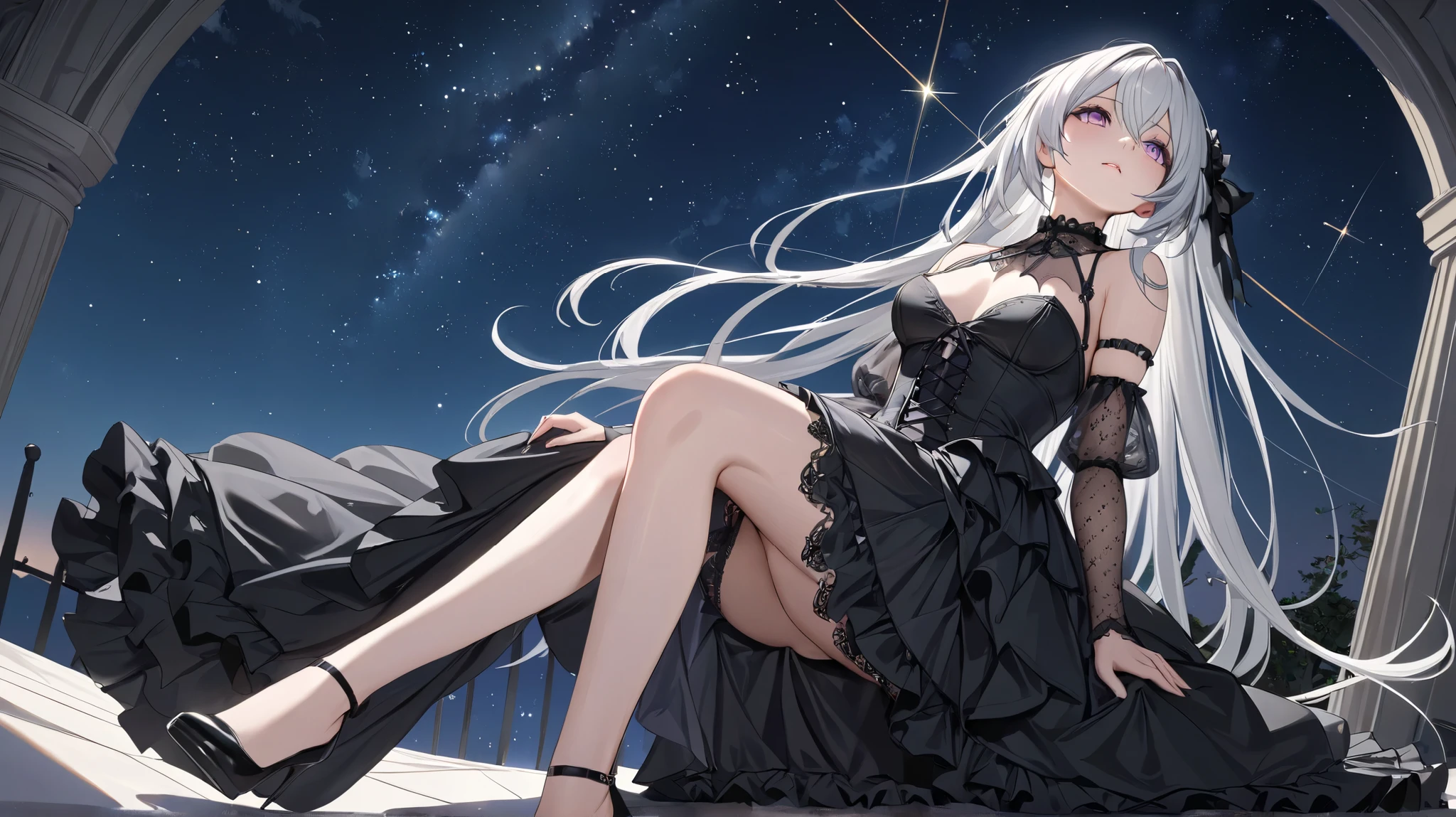(Best Quality, masterpiece, super precise, High Resolution), 8k, Anatomically Accurate Body , Nightcore, black dress, Gothic Maiden anime girl , White-haired goddess, beautiful charming anime woman, Stargazing, Look up, full body, from below,