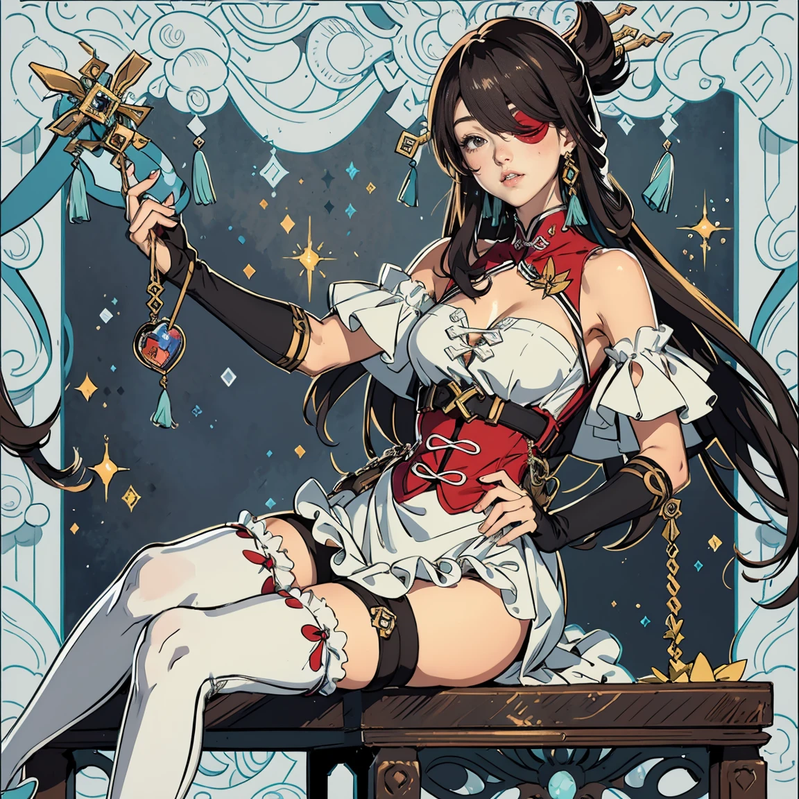 official art, unity 8k wallpaper, ultra detailed, beautiful and aesthetic, High quality, beautiful, masterpiece, best quality, (zentangle, mandala, tangle, entangle:0.6), 1girl, solo, long hair, brown hair, breasts, thighhighs, harp, butterfly, dress, full body, bug, hair ornament, white thighhighs, water, cleavage, pink footwear, instrument, jewelry, brown eyes, standing, garter straps, earrings, water splash, city background, glitter dust