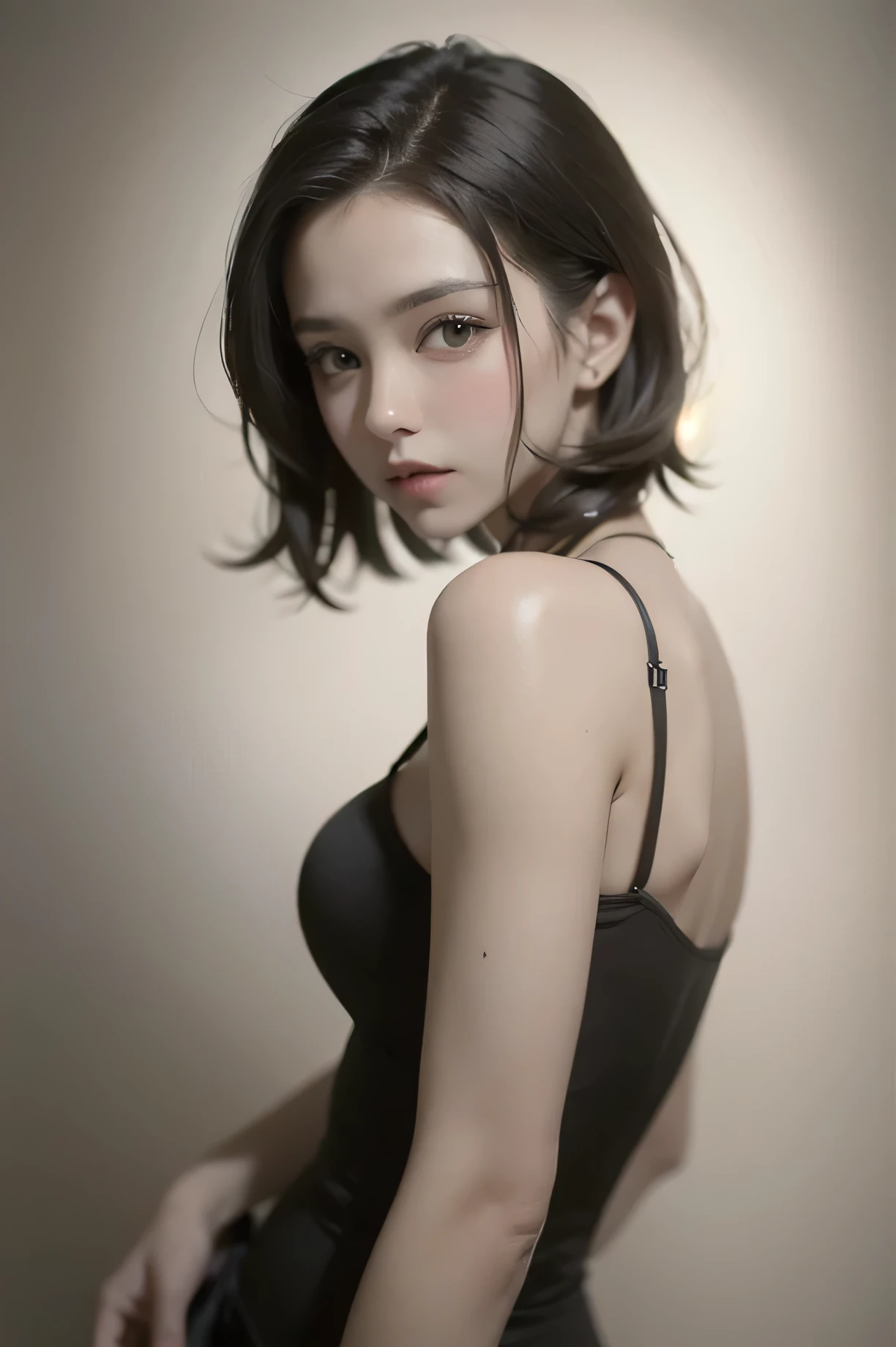8k, Ultra-high resolution, Highest quality, masterpiece, 三分割法によるphotograph,Surreal, photograph, 1 Girl, (16 years old:1.3), pretty girl, Cute Face, Beautiful eyes in every detail, 細かくdetailedに,masterpiece,One Girl:1.2,Japanese female announcer,cowboy shot,Serious expression,Black short hair,Bob with bangs,Black Lace Lingerie, See through, Look forward, Standing posture, Opposition, Dynamic Lighting, Sharp contours, Light from above, Low contrast, (Side view),Perfect and beautiful face ,完璧でCute Face, Skin with attention to detail, Perfect limbs、Narrow waist,Looking at the audience,(((Ideal body type))),A cup small breasts :2,Portraiture:2,Perfect Anatomy,鮮明なdetailed,detailed,Surreal,Light and shadow,glowing
