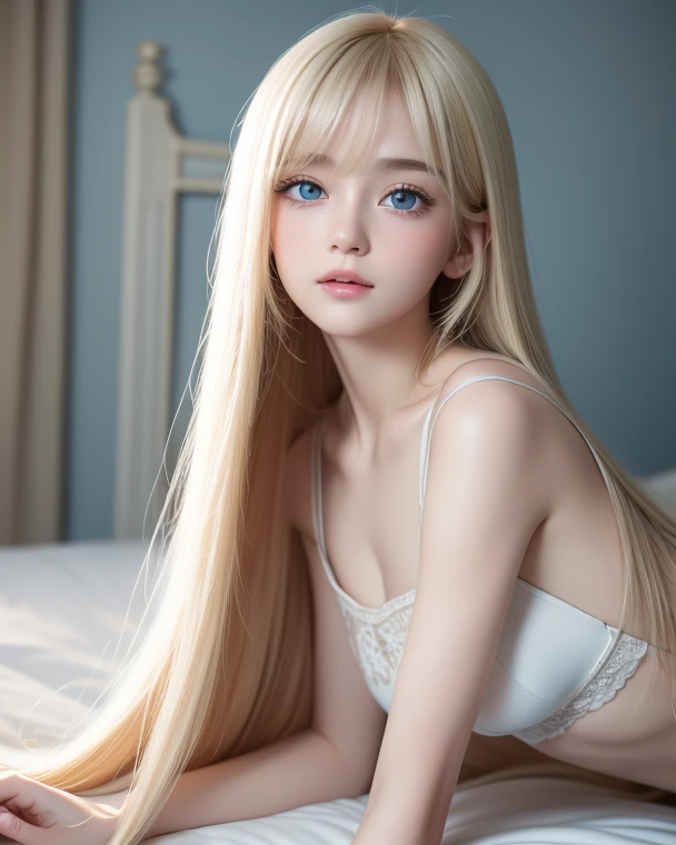 A woman with super long light blonde hair and big light blue eyes is taking a photo, gorgeous young model, beautiful blonde、bangs between eyes、female model, cute young woman, very beautiful young woman with very big eyes, beautiful model portrait, beautiful young girl, Beautiful young woman, beautiful woman pictures, perfect face, 22 year old beautiful model, Beautiful young face, Beautiful blonde girl, naked in a hotel bed