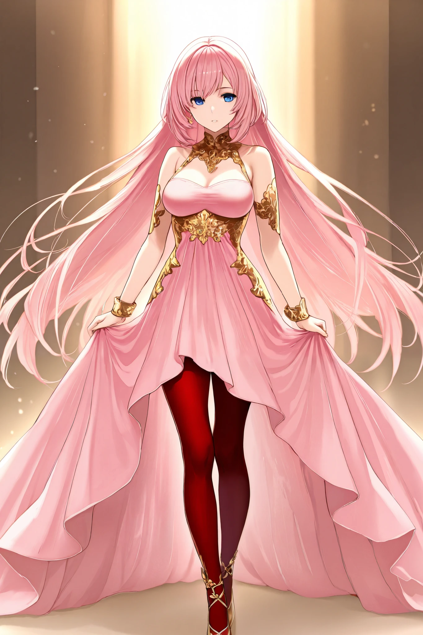 Create an anime-style girl with deep magenta eyes and long, wavy pink hair styled in an elegant updo. She is slender with small breasts. She wears a regal, ethereal dress with elegant and fantasy elements, featuring a gold, pastel pink, and rose gold color scheme. The dress has intricate spider web patterns and motifs.