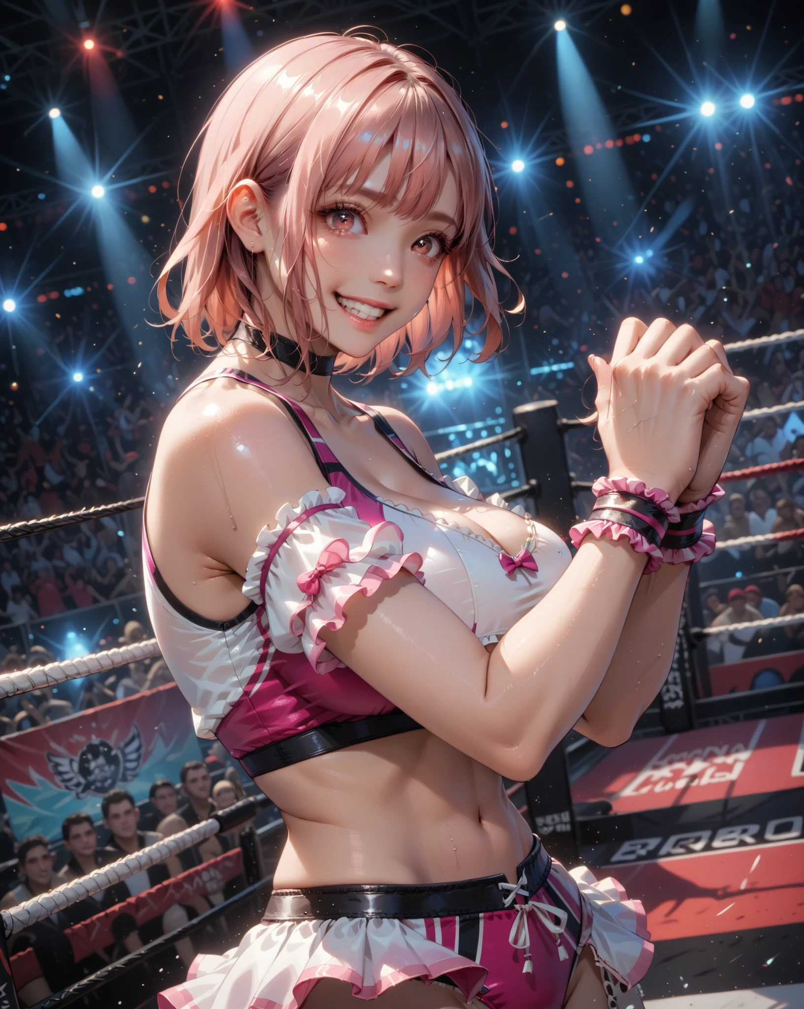 (Realistic、Like a photograph、Live Action、8k, Realistic, RAW Photos, Best image quality: 1.4), Single-lens reflex camera、RAW Photos, highest quality, Realistic, Very detailed CG Unity 8k wallpaper, Written boundary depth, Cinematic Light, Lens flare, Ray Tracing, Realistic background、Many people々々:1.4、(Volleyball Player:1.4、uniform:1.3、Volleyball uniforms that fit snugly against the skin、Big Breasts)、((Ultra-Dense Skin))、 1 female,Cute Japanese Volleyball Player、((Receiving posture、((whole body:1.5))、During the game:1.1、Smiling at the gym))、Pink inner color hair、short hair:1.2、tie your hair with a hair clip、I like that style、stylish、Very detailed、Pay attention to the details、Perfect outfit、(Sunburned skin)、Beautiful legs:1.1,View from below the front