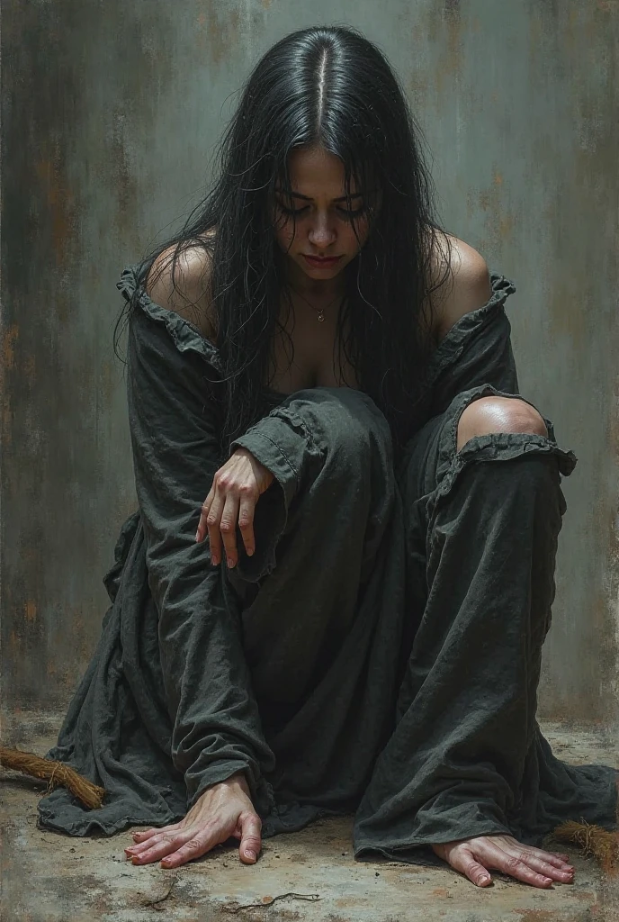 (YES SFW), A dressed girl desperately needs to relieve herself、(she wears a veil and a rag, a sheet around her waist, a shawl on her shoulders), (Correct anatomy of the fingers)、（Draw hands and feet separately)、very beautiful、Ideal proportions、small breasts、Very stylish、barefoot、(in a dark and dirty basement:1.37)、(((neat woman, Bright-eyed excitement, Pained expression,blush,half-closed eyes,please touch me,tempting viewer,i want you))),(sitting down,spread the legs apart,navy panties, (Squat with your legs wide apart:1.37), skirt on knees、(Place your hands on your knees and skirt)、(Anguished expression:1.4)、looking at the camera、Close-up、highest quality、Super detailed、Real、Beautiful proportions、Vibrant colors、Sharp focus、Tense atmosphere、Classical composition、art、Striking details、Artistic subtleties、Harmonious color palette、Sublime Beauty、Aesthetic perfection、Captivating eyes、Pure brilliance、Impeccable Features、Dreamy atmosphere、Sophisticated style、Timeless elegance、Finishing the masterpiece、Exquisite craftsmanship、Meticulous attention to detail、Sublime proportions、Artistic excellence、living work of art、Otherworldly charm、Fairytale-like setting、Unforgettable gaze、Majestic presence、natural breasts, Smoke and clouds roil around her, adding to the sense of epic scale and drama. The lighting is dark, gloomy, and realistic, creating a tense and ominous atmosphere. The perspective is from below, emphasizing the sheer majesty and power of the girl. [The character is surrounded by mist, evoking a mysterious and eerie atmosphere. The lighting is dark and atmospheric, with a red smoke adding a touch of sinister ambiance. The image is of the best quality, with a resolution of 4k and HDR enhancement, showcasing the utmost level of detail and realism, sfw, full body shot.]