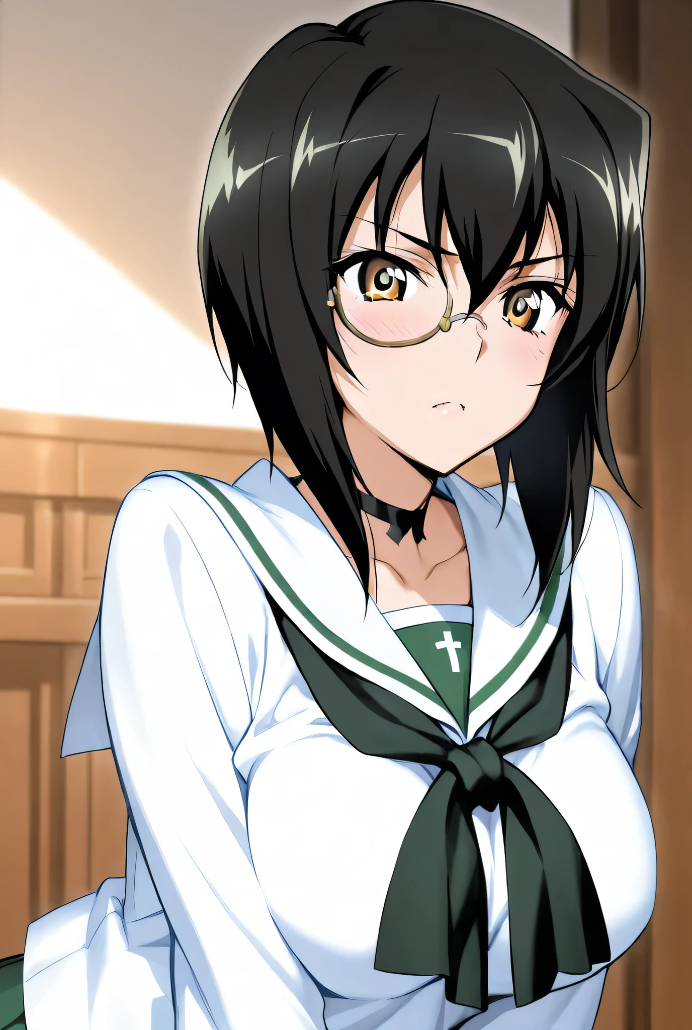 kawashima momo,monocle,ooarai school uniform,1girl,solo,