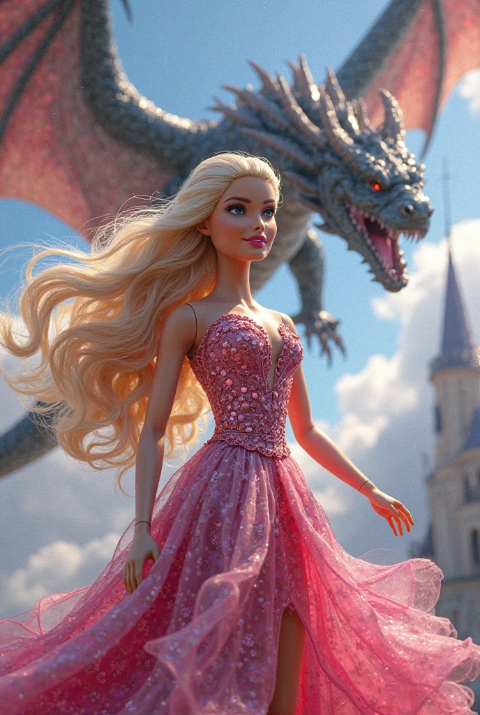 Cinematic scene, hero view, Margot Robbie as Barbie <lora:barbie_v0.0.1:1>, action pose, fighting a giant scary dragon, masterpiece, best quality, high quality, absurdress