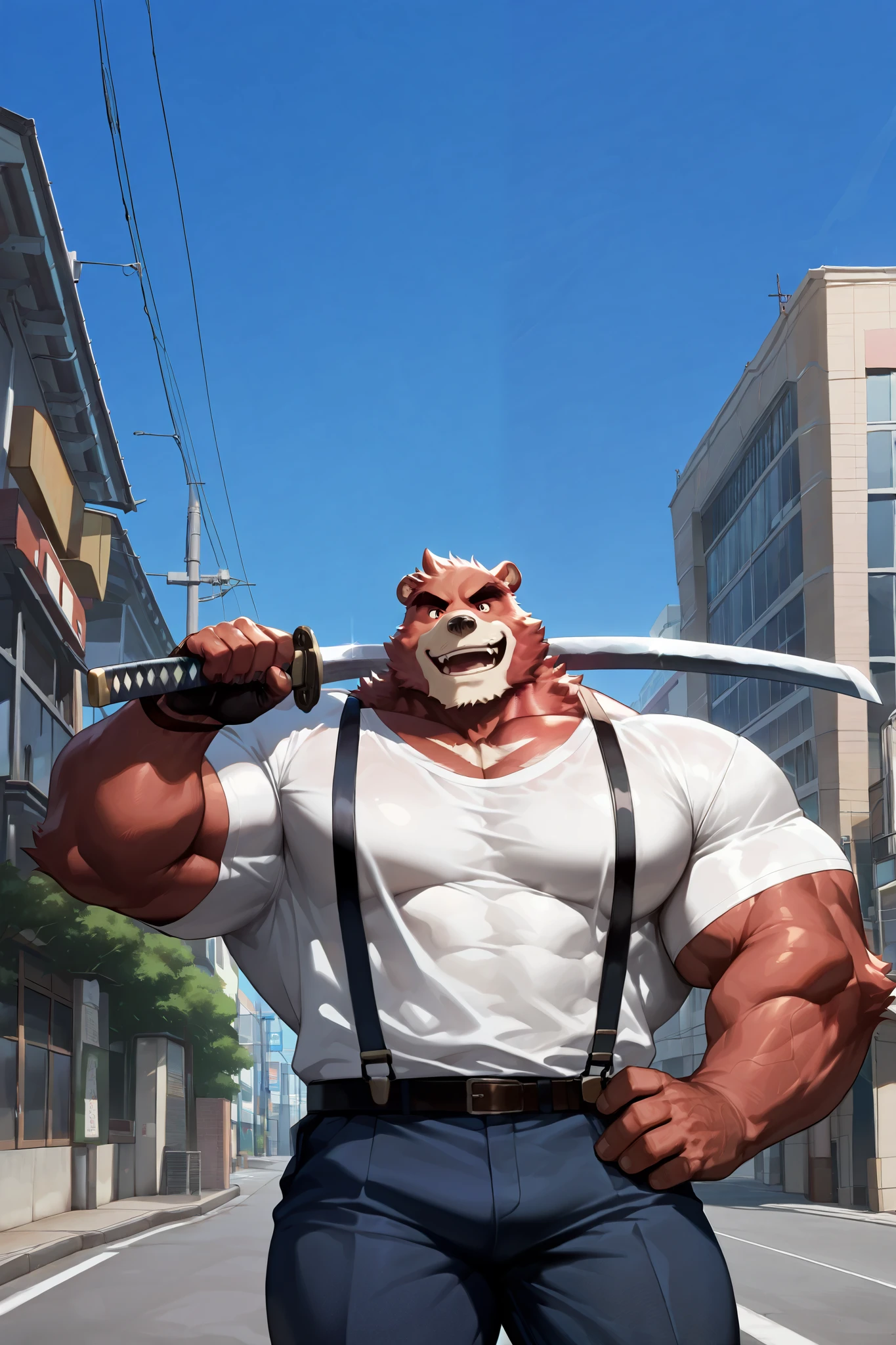solo, 1boy, muscular, kumatetsu:1.3, red bear, very huge pectoral, pants, wearing shirts, suspender, holding sword in shoulder, detailed face, blue sky, tokyo, smile, detailed eyes, wide shoulder, thick arms, wide pectoral, muscle, short hair:1.2, detailed eyes, focus eyes, shirtless, masterpiece, semirealistic:1.2, high detailed, 8k, high resolution, fullbody