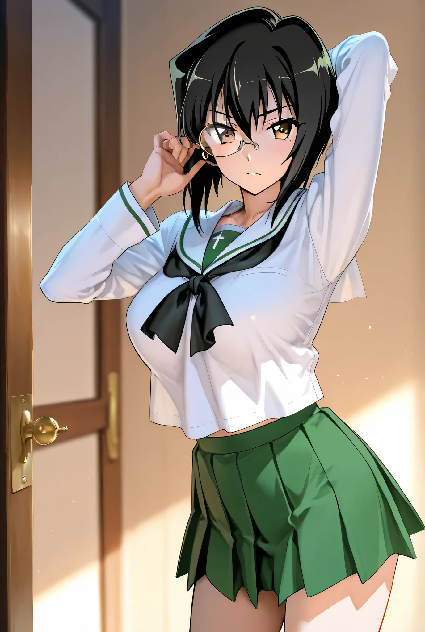 kawashima momo,monocle,ooarai school uniform,1girl,solo,