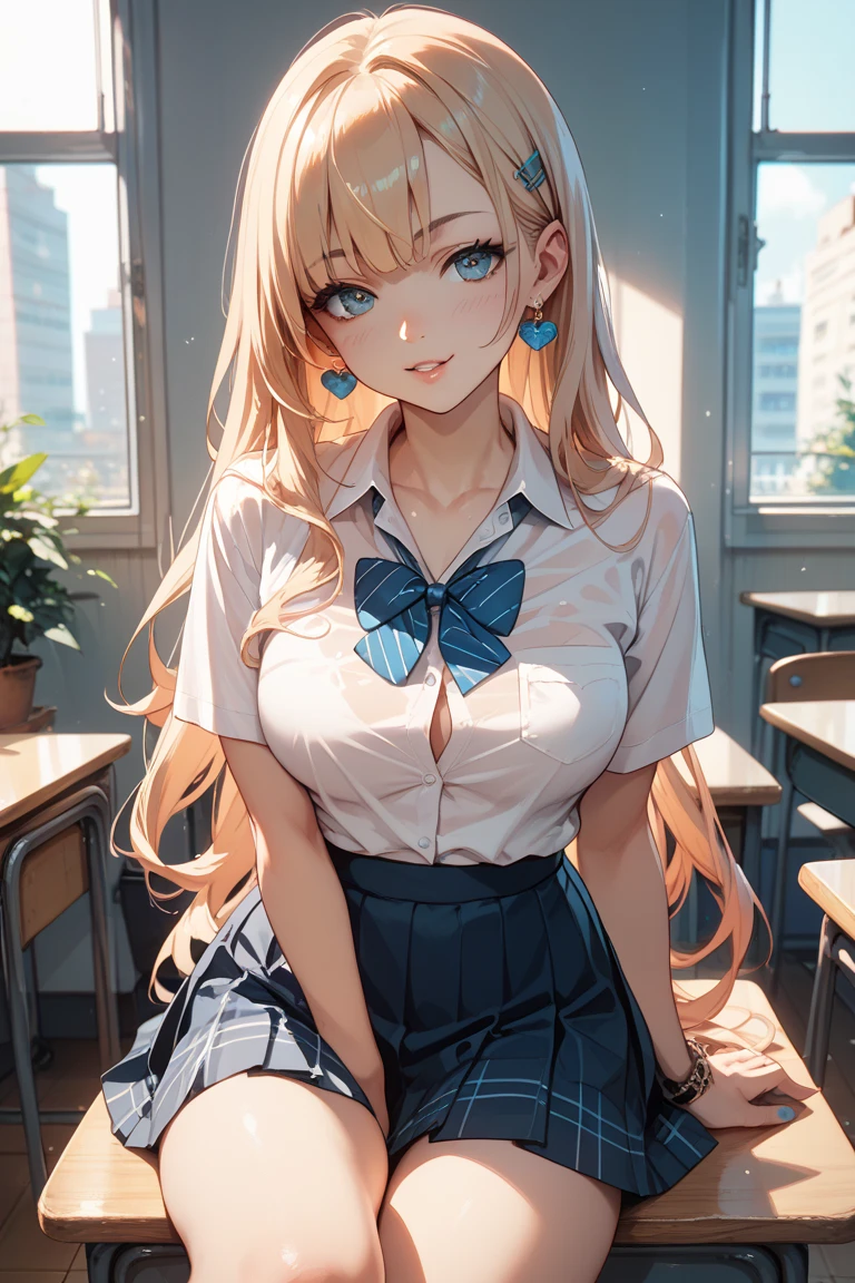 ((masterpiece、highest quality、Super detailed))、One girl、Gal、Blonde、Pink Gradient、Long Hair、Wavy Hair、Light blue eyes、evil smile、((Open your mouth and stick out your tongue))、Moderate breasts、((White shirt))、Short sleeve、Black bow tie、((Black pleated skirt))、Cowboy Shot、((bent over:1.2))、Shoot from the front、Classroom Background