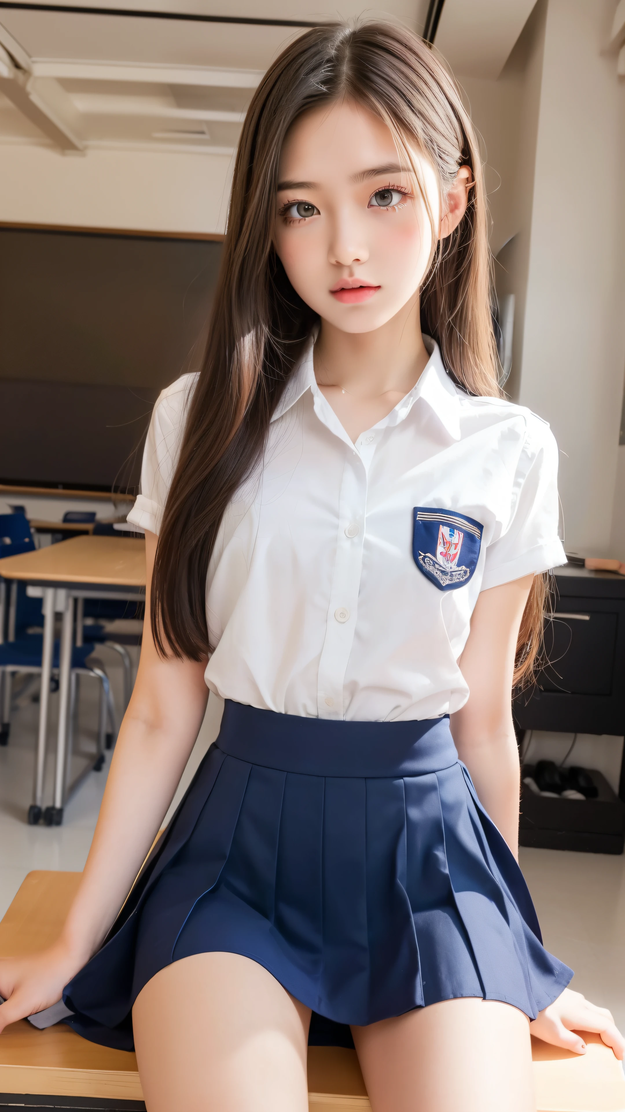 Sexy female, cropped school uniform, skirt, upskirt, long silver hair, makeup, detailed face, ahegao, masterpiece, amazing lighting, in classroom, art station, award winning, stunning, aesthetic, depth, shading, sitting, legs spread apart, porn star, lift your skirt, hike your skirt up, reveal your pussy, pussy is visible