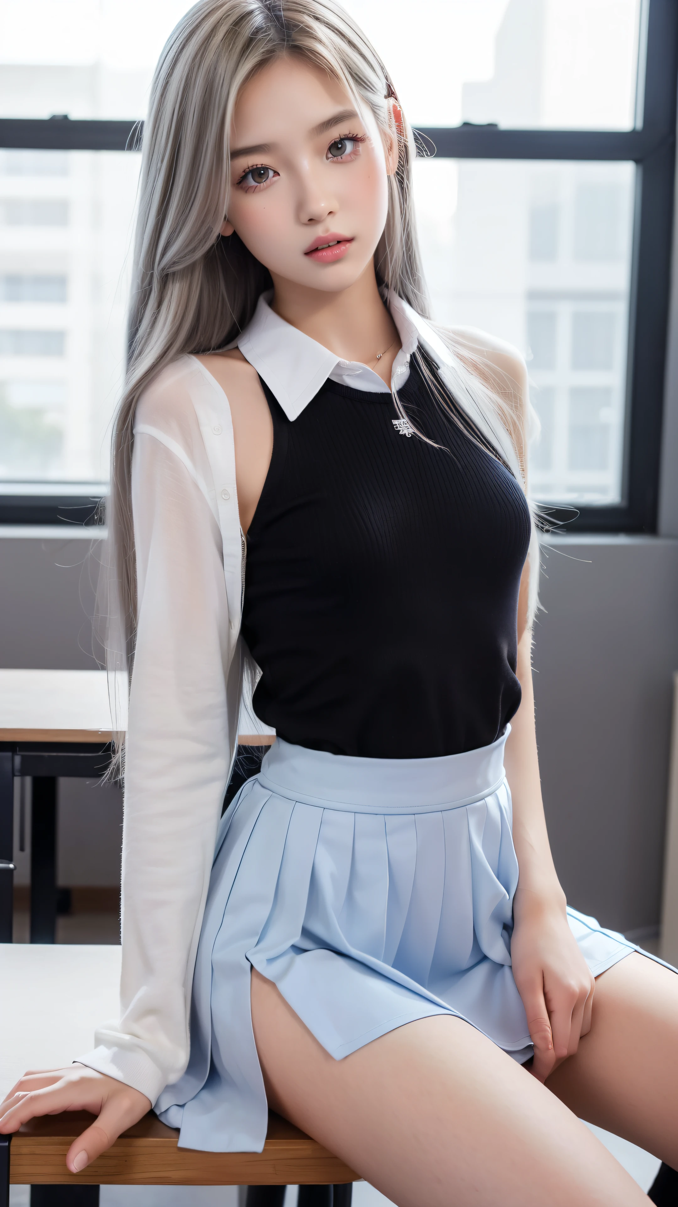 Sexy female, cropped school uniform, skirt, upskirt, long silver hair, makeup, detailed face, ahegao, masterpiece, amazing lighting, in classroom, art station, award winning, stunning, aesthetic, depth, shading, sitting, legs spread apart, porn star, lift your skirt, hike your skirt up, reveal your pussy, pussy is visible