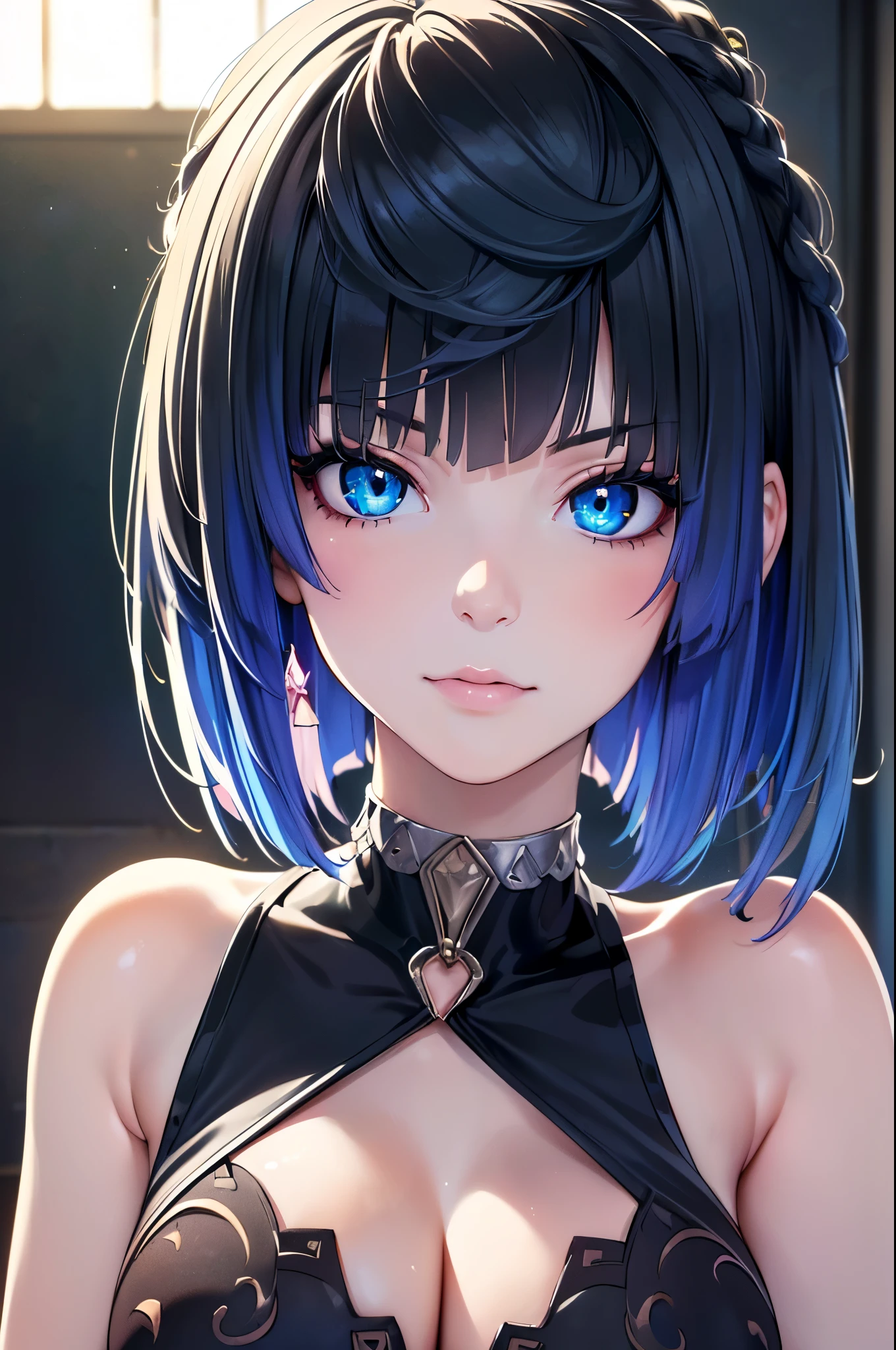 young girl, blue hair, 18 years old, small breasts, small biotype, bob hair, tattoed arms, black tattos, piercings in face, , black dress, black letter dress, short dress, punk dress, wearing fishnet stockings, black boots, smiling, looking at viewer, holding beer cup, 4k, masterpiece