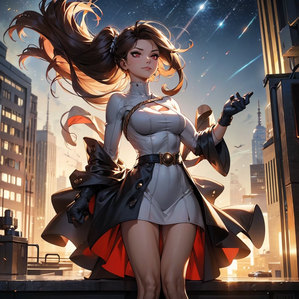 On the battlefield of storms,A woman dressed in a Lolita outfit uses a weapon with the power of the fire element..(( Lightning danced next to her.)), It reflects the strength of her determination.,Because she embodies the power of nature's power in battle..official art, 8K wallpaper, very detailed, beautiful and aesthetic, beautiful, Masterpiece, best quality,(Focus on the thighs and up.),Clear face,The eyes are detailed.,(wind,hair flying,Flow skirt),