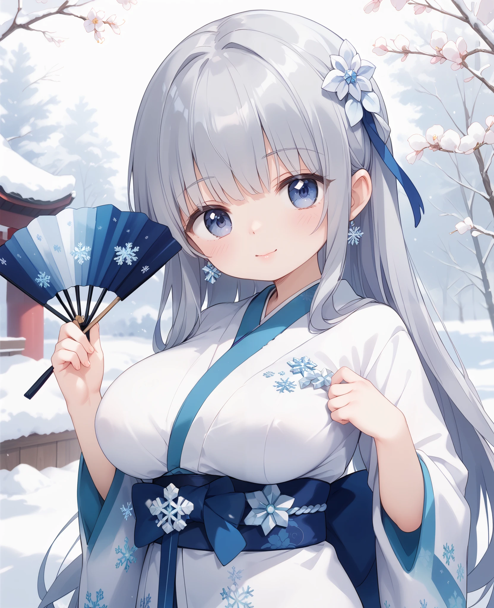 white retro modern kimono、 Snowflake decoration on kimono、long straight hair with gray hair、 hair down、white flower and snowflake hair ornament、Sister、Soft and fluffy、Gentle、cute、Big Breasts、Holding a blue fan in his hand、with snow falling on the background、Clothes that have fallen apart