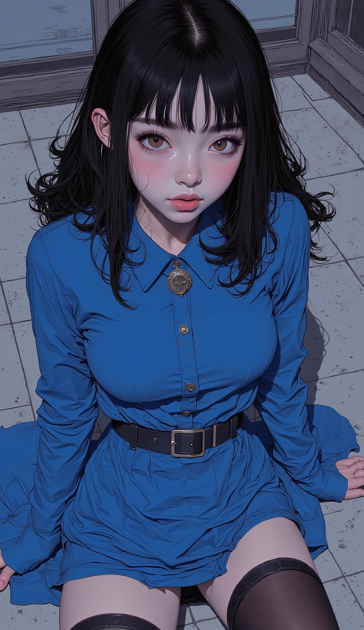 Close up of a woman in a blue dress and fishnet stockings, comic illustration by Kentaro Miura , trending on pixiv, what is it?, bewitching anime girl, concept art by , Realistic Anime 3D Style, BEAUTIFUL AND ATTRACTIVE ANIME WOMAN, Amane Kanata, ilya kuvshinov . 4k yen, sexy pose