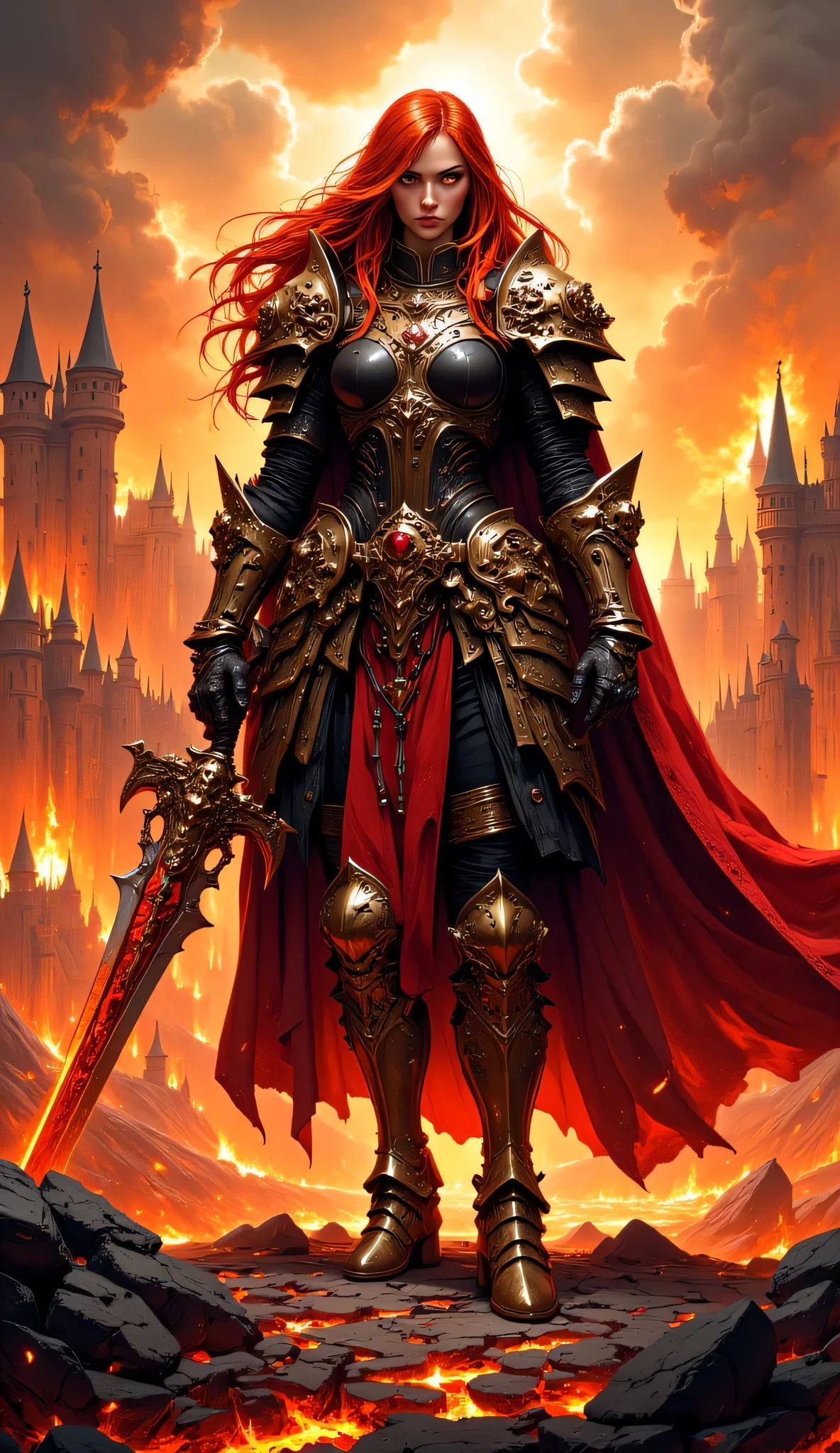 A fierce red-haired female warrior stands in the ruins of a medieval city engulfed in flames. She wears ornate black and gold armor with intricate engravings, shoulder plates, and a flowing red cape that flutters in the wind. Her piercing gaze exudes strength and determination. She wields a massive two-handed sword with a molten core, glowing with fiery energy, and its blade radiates heat and sparks. The background features towering gothic-style castles silhouetted against a burning orange sky, with clouds of smoke and embers in the air. The ground is cracked and covered in molten lava, enhancing the apocalyptic atmosphere. The lighting casts dramatic highlights and deep shadows, emphasizing her battle-worn yet regal presence. Cinematic composition, hyper-detailed, high contrast, fantasy concept art.