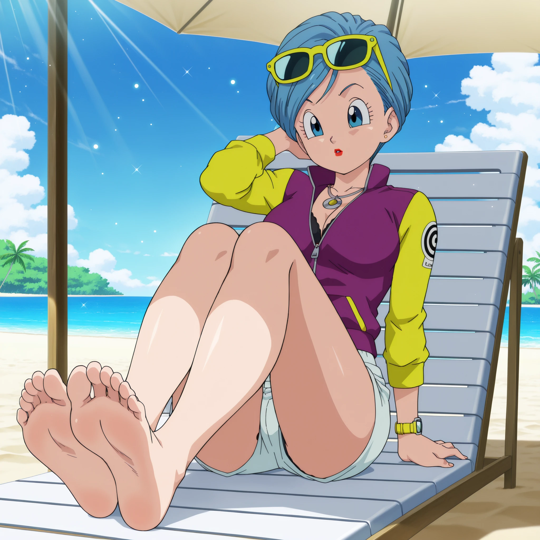 anime screencap, masterpiece, best quality, amazing quality, very aesthetic, absurdres, newest, (scenery, volumetric lighting), dappled sunlight, light particles, light rays, official style,
bulma, super, very short hair, side swept hair, blue eyes, blue hair,
jacket and shorts outfit, jacket, black bra, foot focus, shorts, necklace, short shorts, makeup, sunglasses, lipstick, eyewear on head, multicolored clothes, zipper, watch, barefoot,  white shorts, wristwatch, purple jacket, yellow sleeves, multicolored jacket, partially unzipped, two-tone jacket, soles, 
sitting, beach chair, day, blue sky, cloud, 
<lora:Bulma__ãã«ã_-_Dragon_Ball_Super__Daima:0.8>