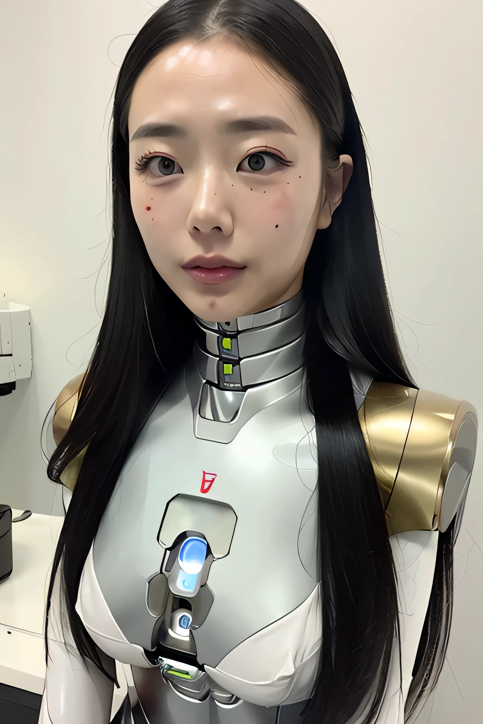 masterpiece, best quality, extremely detailed,Japaese Android girl,milf,forehead,chubby,Plump , control panels,android,Droid,Mechanical Hand, Robot arms and legs, Black Robot Parts,Black hair,Mechanical body,freckled skin,White robotics parts,perfect robot girl,future information counter,reception,long tube,thick cable connected her neck,ceramic body ,mechanical body,android,robot,humanoid,cyborg,information office,japanese android receptionist ,mechanical chest,