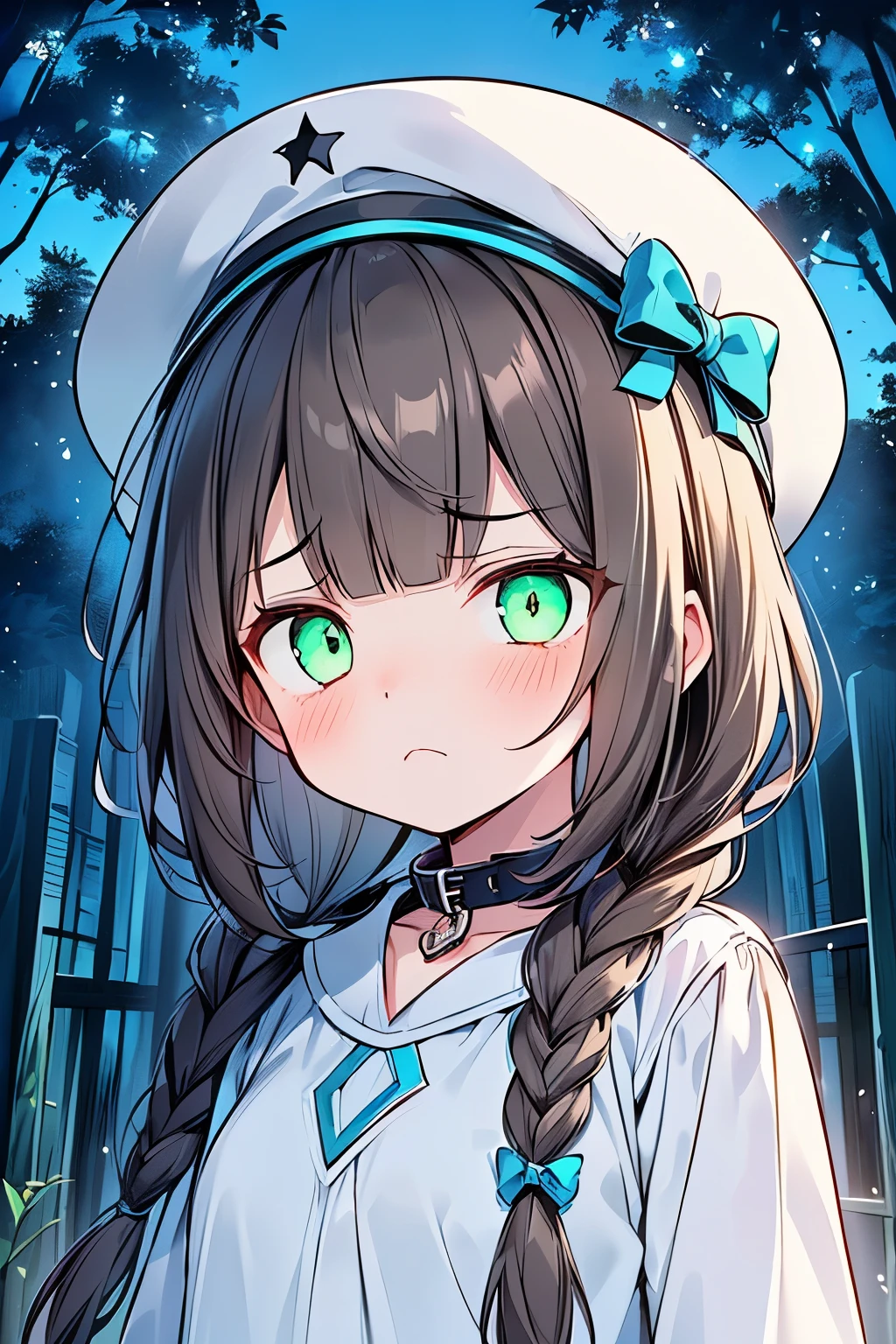((1-girl:1.3)),((cute girl:1.2)),((portrait:1.15)),((solo:1.1)),(braid hair:1.1),(brown hair:1.15),(lightgreen eyes:1.25),Medium breast,skinny body,((hime cut bangs:1.25)),((eerily glowing eyes:1.3)),((:T:1.25)),((frown:1.3)),((Evil:1.35)),((glassy eyes:1.15)),(( hat:1.2)),((pet collar:1.1)),((wrist cuffs:1.05)),(looking viewer:1.25),(upper body:1.2),((signs of spring:1.1)),(Blue long volume sleeve:1.15),((various clothes:1.2))