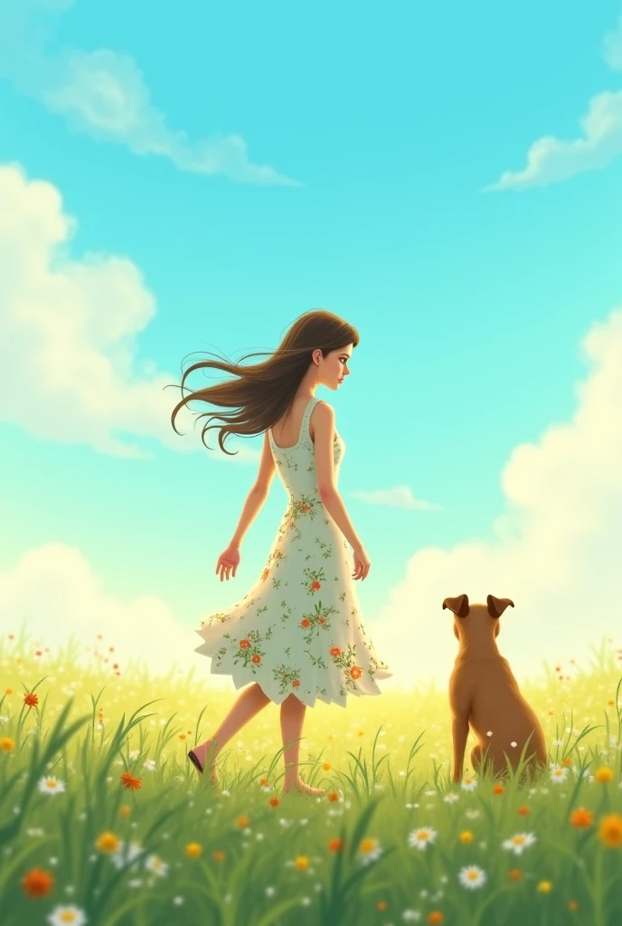 a woman with long brown hair, white skin, sweet brown eyes , wearing a simple dress printed with flowers, walk across a green meadow with blue sky, Do you find your friend an abandoned dog