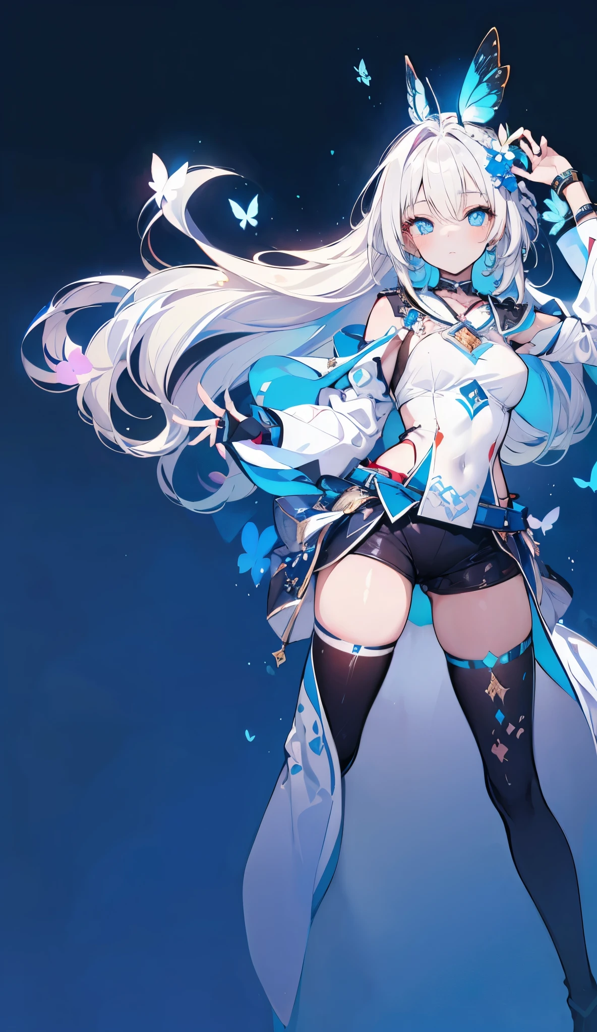 Blue Themes, Masterpiece, magical little girl, (Impossible clothes:1.5), Superskirt, Gradient background, Silver blue hair, , Blunt bangs,side locks, Pink eyes, (ulzang-6500-v1.1:0.9), Medium breasts, Breasts, thigh gap, hair adornments, Arched back, black_witch_Hat,Intricate_decor,mistic_The fountain,Glowing_crystals