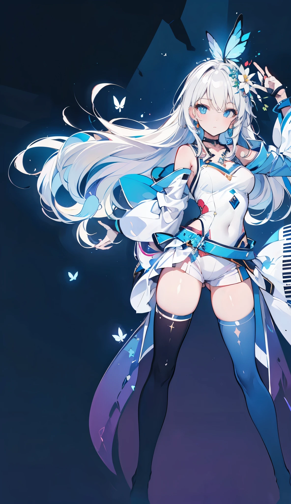 (Overhead view),dynamic angle,ultra-detailed, illustration, close-up, straight on, 1girl, (fantasy:1.4), (azure blue eyes:1.233),Her eyes shone like dreamy stars, full body, long hair, (glowing eyes:1.233),(beautiful and detailed eyes:1.1),(Silver hair:1.14),(messy hair,very long hair,french braid,hair between eyes,sidelocks), (+(bule hair flower:1.14)),(chiffon dress,bule flower pattern in uniform)/=(military uniform:1.24),(detached sleeves,wide sleeves),(fingerless gloves),choker,(miko thighhighs),High heeled boots,(expressionless,closed mouth),(standing), (classical Princess boudoir with dressing tableand french windowin a white ancient palaces),(white flowers,bloom),(abysmal sea),(flowing water),(a dull blue world tree:1.14),(ruins),(night:1.2),dreamy,soul,(fluorescence),(flying translucent blue butterflies:1.15), [[delicate fingers and hands:0.55]::0.85],(detail fingers),(yubao:0.5),
