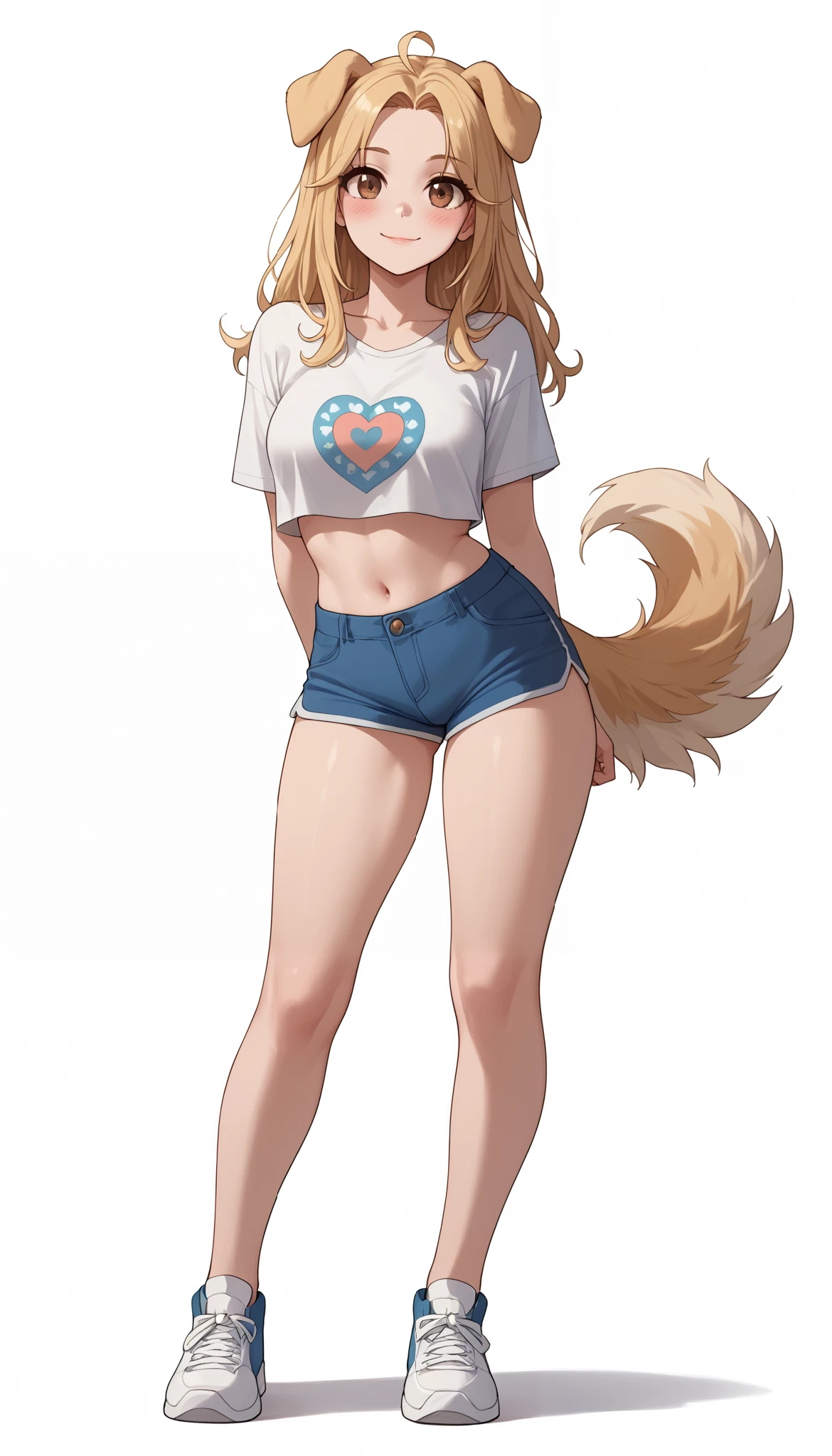 (Masterpiece) (High Detail) (High Res) A full body shot of A short curvy slim Humanoid canine female with pale human skin and brown eyes and long blonde straight hair and fluffy blonde floppy doggy canine ears and a long fluffy blonde doggy canine tail and medium breasts. She is wearing a small baggy oversized crop top and small tight shorts and bare legs. She is stood in a void and hass her hands behind her back with blushing cheeks and a cheerful smile. No background. Blank Background.