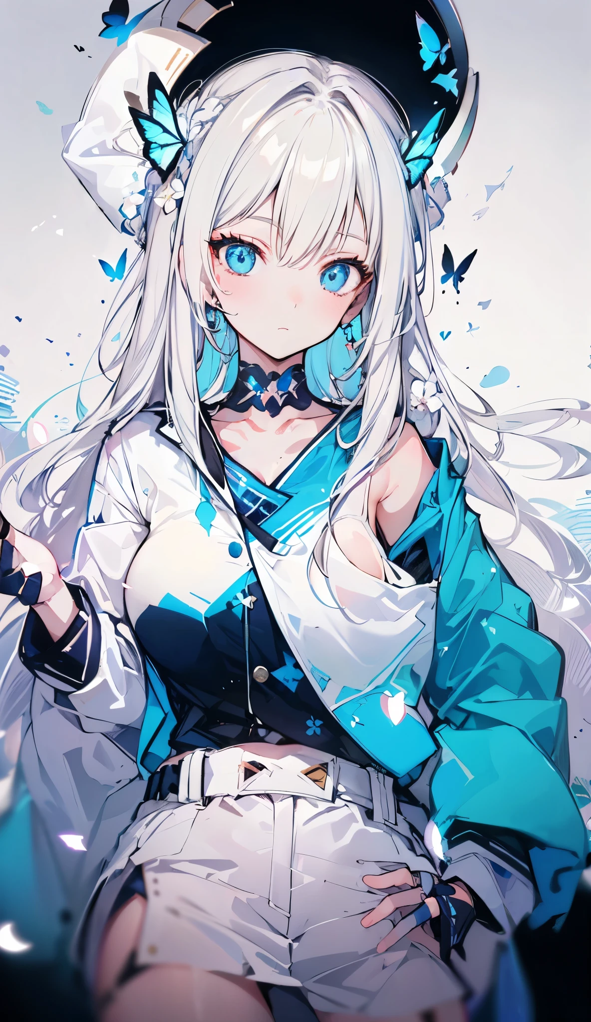 (Overhead view),dynamic angle,ultra-detailed, illustration, close-up, straight on, 1girl, (fantasy:1.4), (azure blue eyes:1.233),Her eyes shone like dreamy stars, full body, long hair, seios medios, thicc coxas, (glowing eyes:1.233),(beautiful and detailed eyes:1.1),(Silver hair:1.14),(messy hair,very long hair,french braid,hair between eyes,sidelocks), (+(bule hair flower:1.14)),(chiffon dress,bule flower pattern in uniform)/=(military uniform:1.24),(detached sleeves,wide sleeves),(fingerless gloves),choker,(miko thighhighs),High heeled boots,(expressionless,closed mouth),(standing), (classical Princess boudoir with dressing tableand french windowin a white ancient palaces),(white flowers,bloom),(abysmal sea),(flowing water),(a dull blue world tree:1.14),(ruins),(night:1.2),dreamy,soul,(fluorescence),(flying translucent blue butterflies:1.15), [[delicate fingers and hands:0.55]::0.85],(detail fingers),(yubao:0.5),