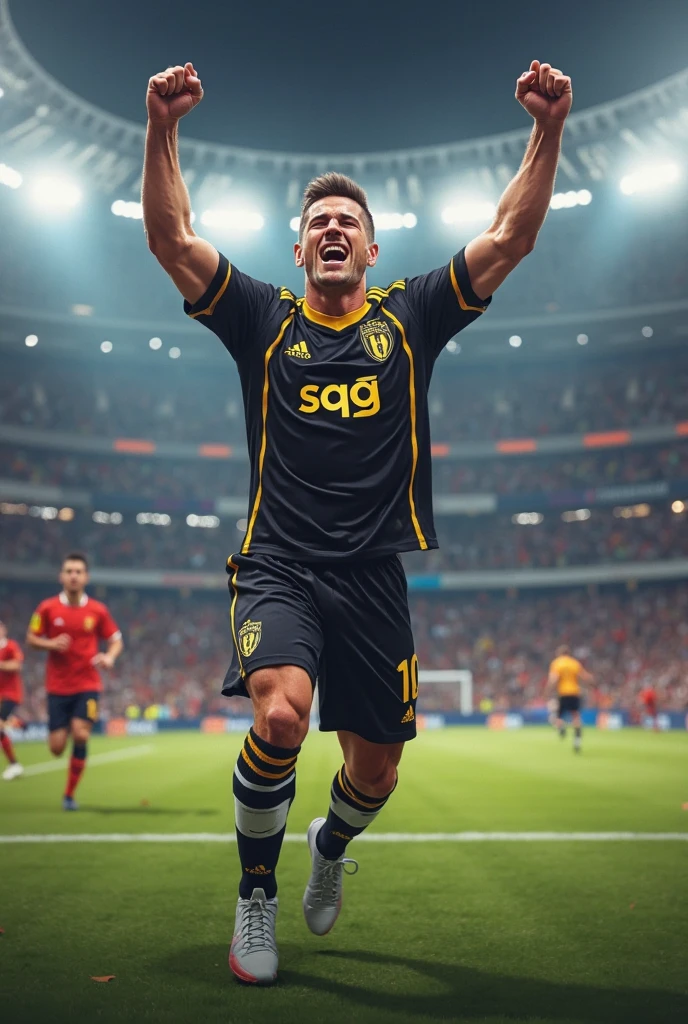 a handsome 26 year old Georgian soccer striker, 184cm tall, with light brown curly hair, tanned skin, short trimmed beard, wearing a black jersey, (best quality,4k,8k,highres,masterpiece:1.2),ultra-detailed,(realistic,photorealistic,photo-realistic:1.37),extremely detailed face and body, cinematic lighting, dramatic composition, intricate details, muscular physique, dynamic pose, sports field background