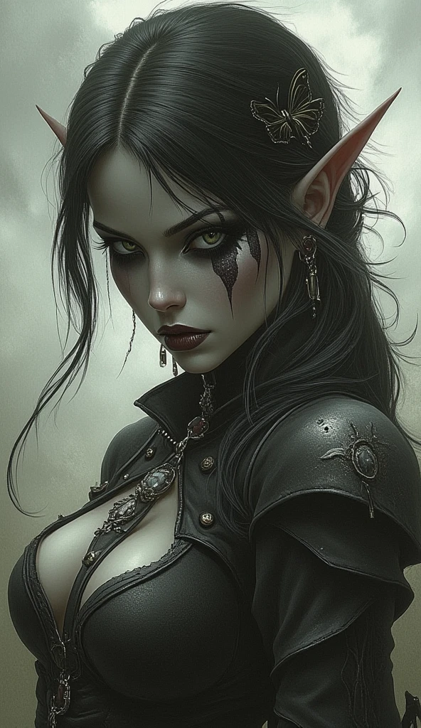 vampires, thick black hair pale skin, Eyes red, Red lips, Black armor with red details, with pointy ears, dark, dark Castle, fully body