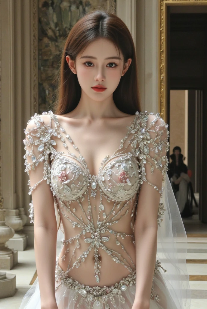 The models are in the hall々A dynamic scene of walking down the runway with、highest quality、16K high resolution、Super detailed、masterpiece、Live shooting、realistic:1.4、hyper realism:1.4、sharp focus、very delicate and beautiful、small details、1 female、alone、(full body shot:1.1)、(beautiful face:1.5)、(mature perfect body)、(detailed face:1.1)、(thin and beautiful eyes)、Perfect round eyes、(lip details)、(lipstick)、(eyeliner)、(mascara)、(eye shadow)、Spotlight、surrounded by a large audience、A model elegantly wearing a high fashion outfit.、The audience is mesmerized, and the atmosphere is vibrant and colorful, Capturing the essence of a high-end fashion show、(Clothes that expose your beautiful legs to the fullest)、At SFW